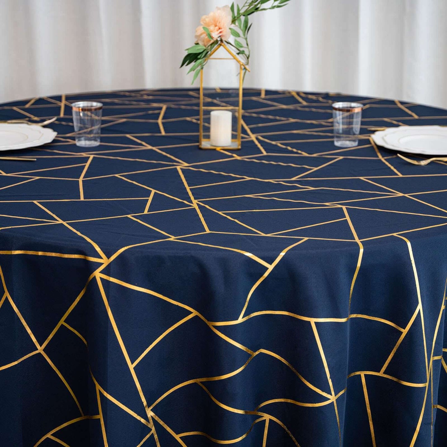 Polyester 120" Round Tablecloth Navy Blue with Gold Foil Geometric Pattern Wrinkle-Resistant Seamless Table Cover