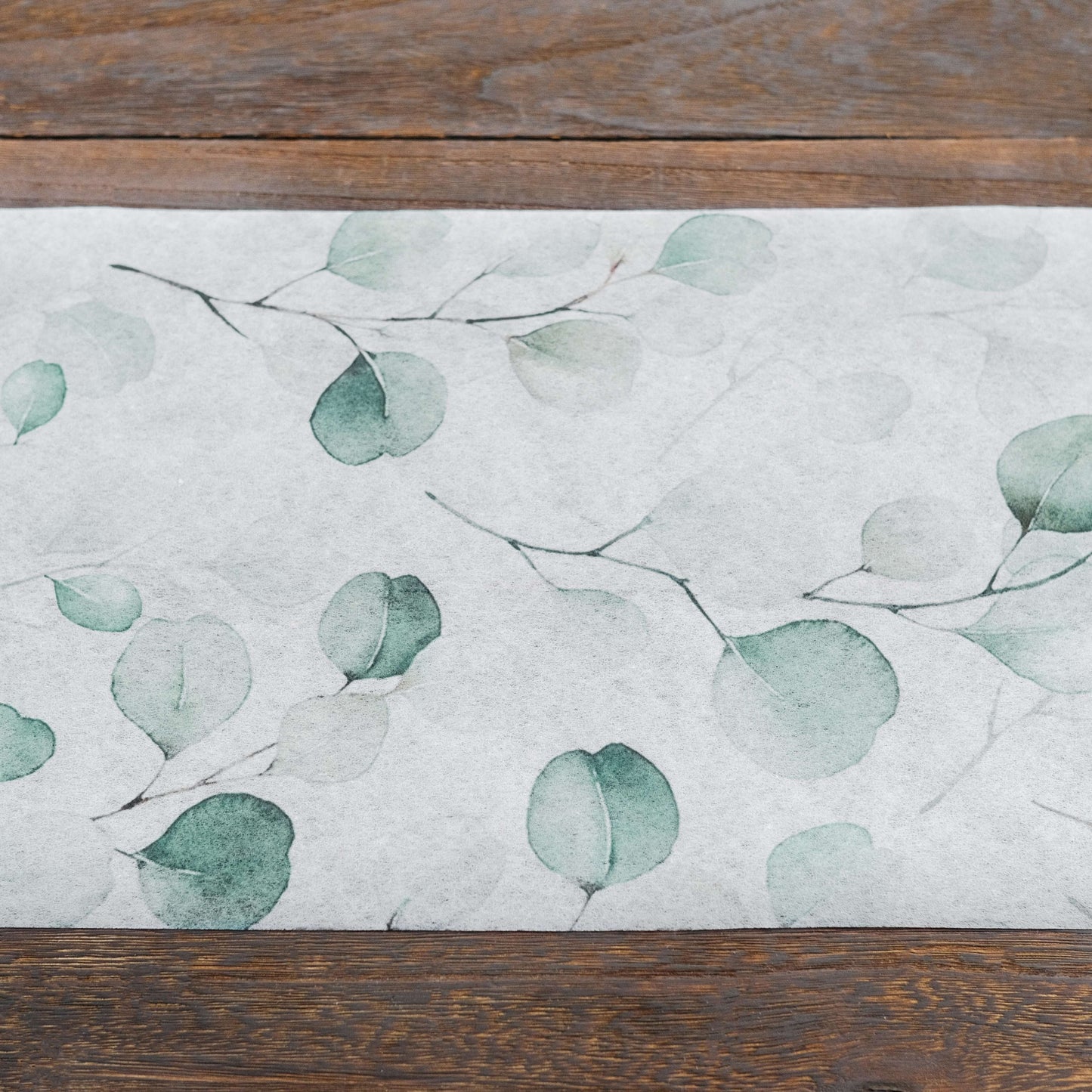 Disposable Table Runner 11"x108" White with Green Eucalyptus Leaves Print - Non-woven Stylish Spring Summer Dining Decor
