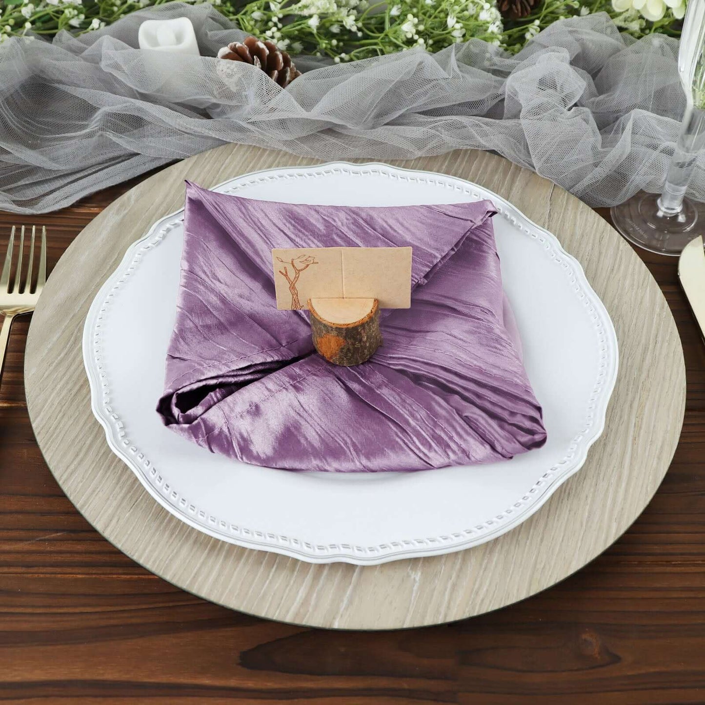 5 Pack Taffeta 20"x20" Napkins Violet Amethyst - Accordion Crinkle Dinner Napkins