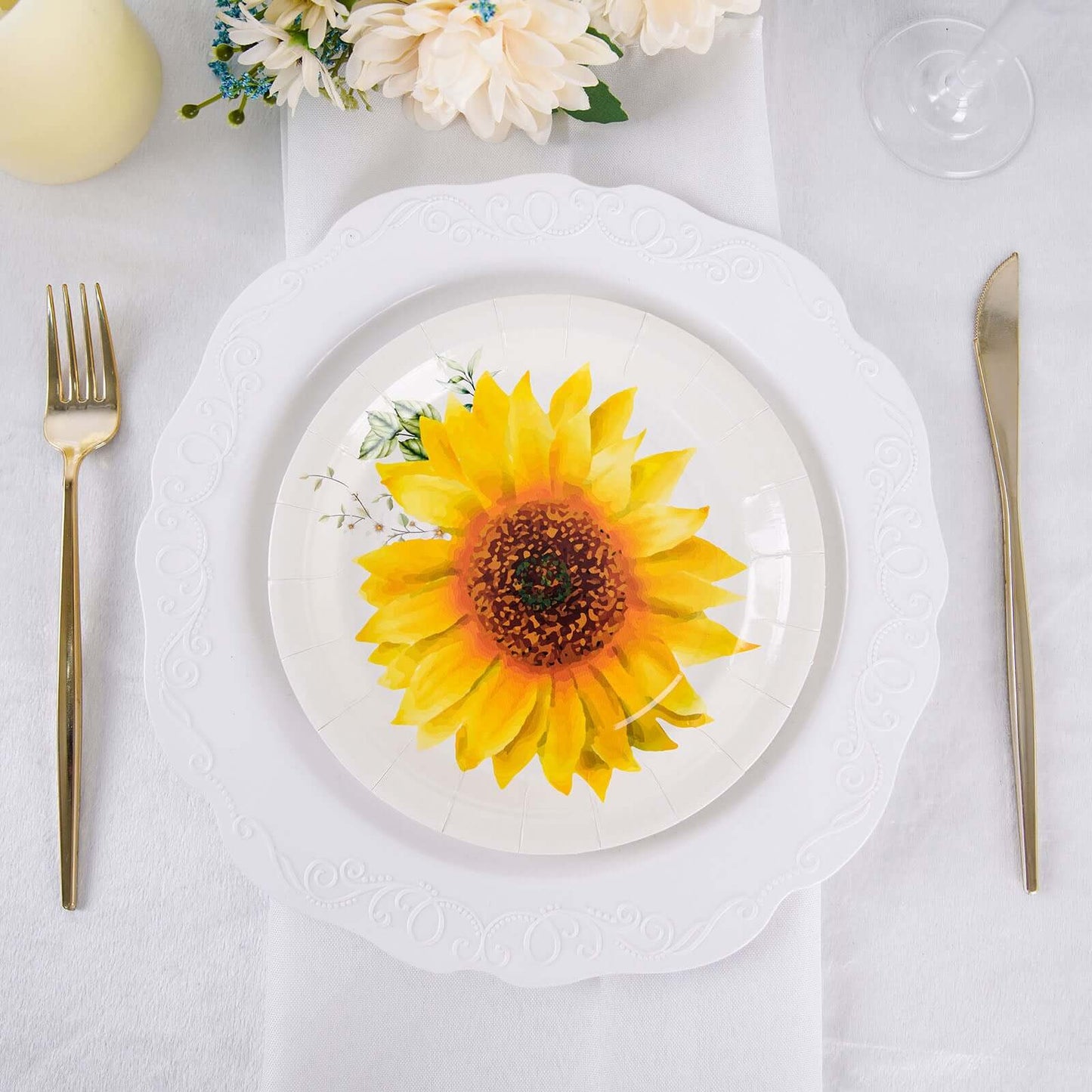 25-Pack Paper 7" Round Dessert Plates White with Sunflower Design - Disposable Salad Plates for Rustic Events & Garden Themes