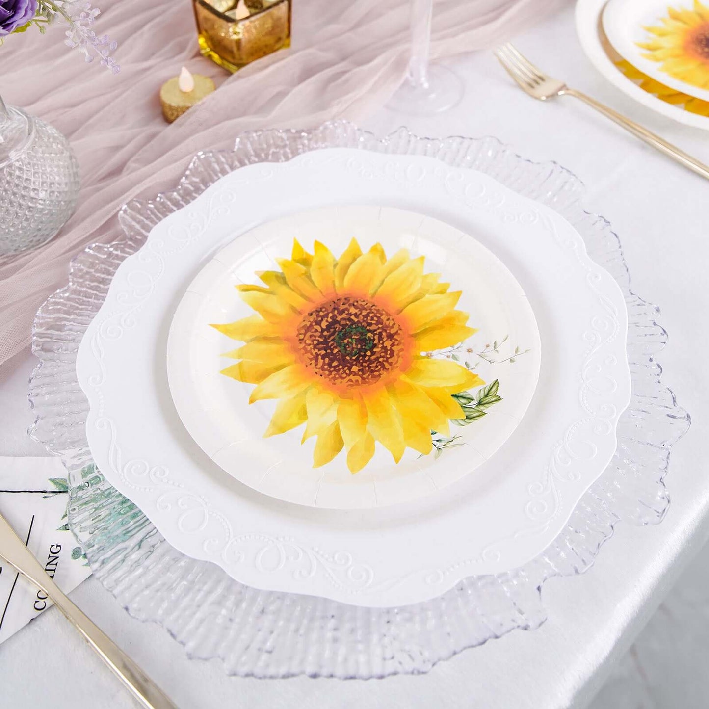 25-Pack Paper 7" Round Dessert Plates White with Sunflower Design - Disposable Salad Plates for Rustic Events & Garden Themes