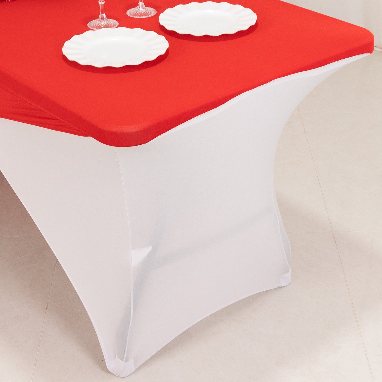 Stretch Spandex 72"x30" Rectangle Table Cover Red/White Cross Over Design - Versatile & Sleek Two-Piece Fitted Tablecloth with Elastic Foot Pockets