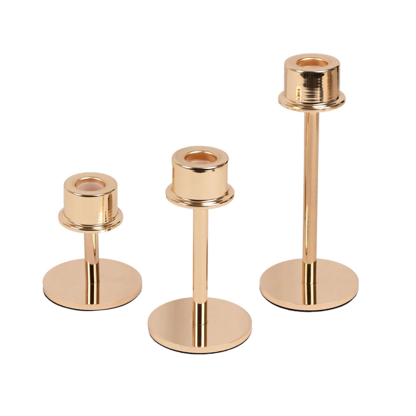 Set of 3 Metal Taper Candlestick Holders Gold with Round Base - Hurricane Candle Stands 3.5", 5.5", 8"