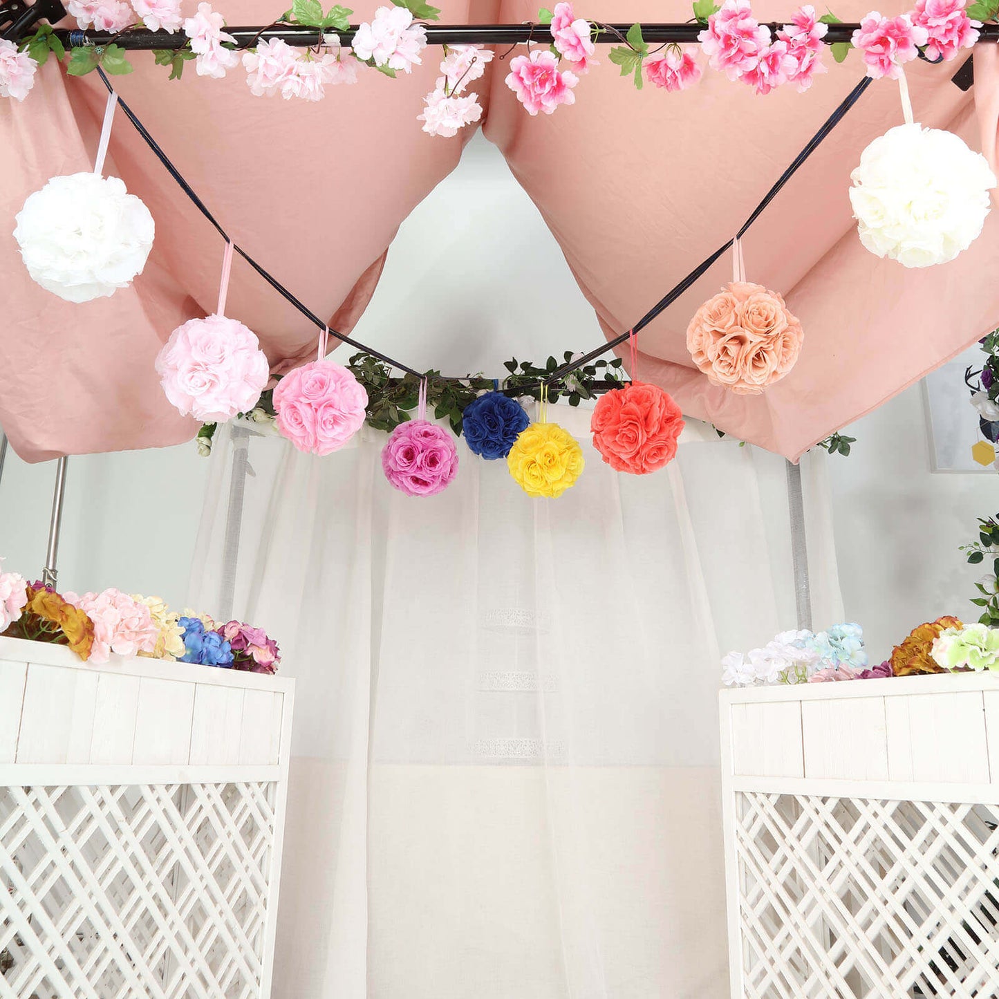 2 Pack 7" Royal Blue Artificial Silk Rose Kissing Ball, Faux Flower Ball