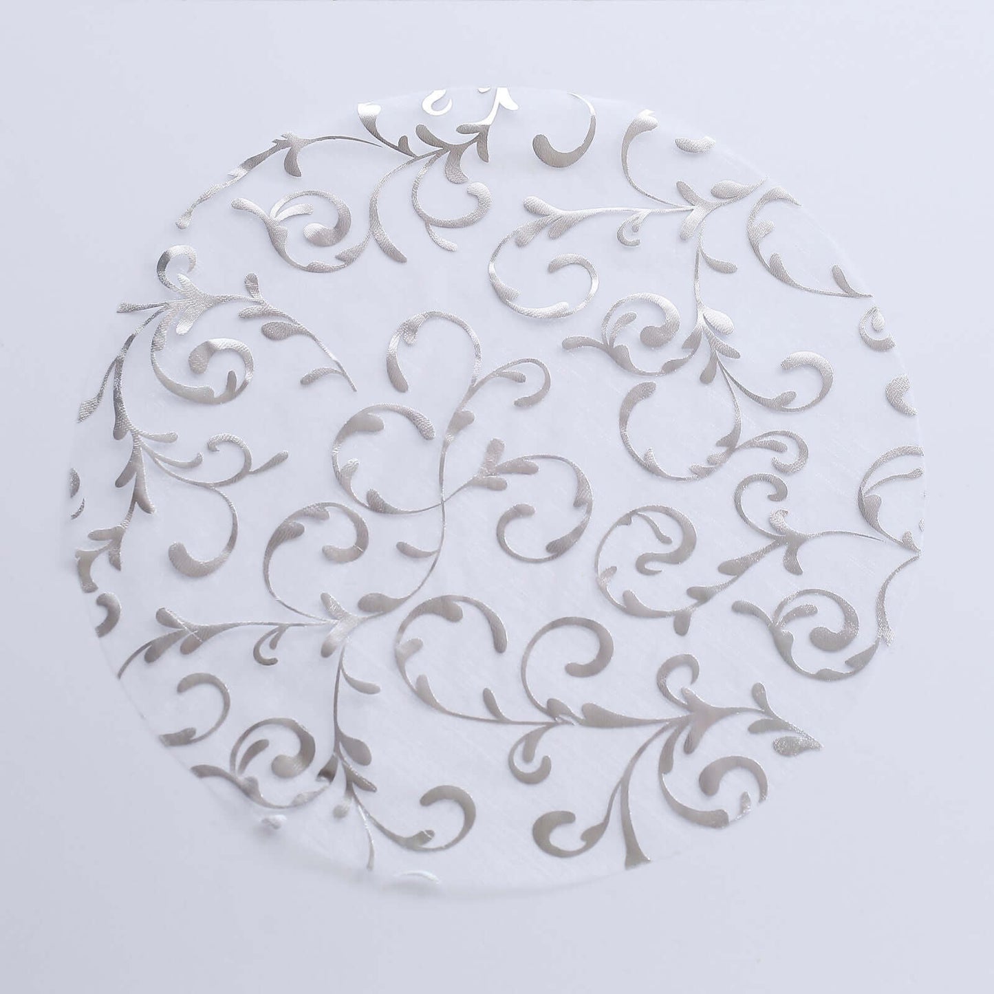 10-Pack Table Placemats Embossed Foil Flower Design Metallic Silver Round - Sheer Organza Disposable Mats 13"