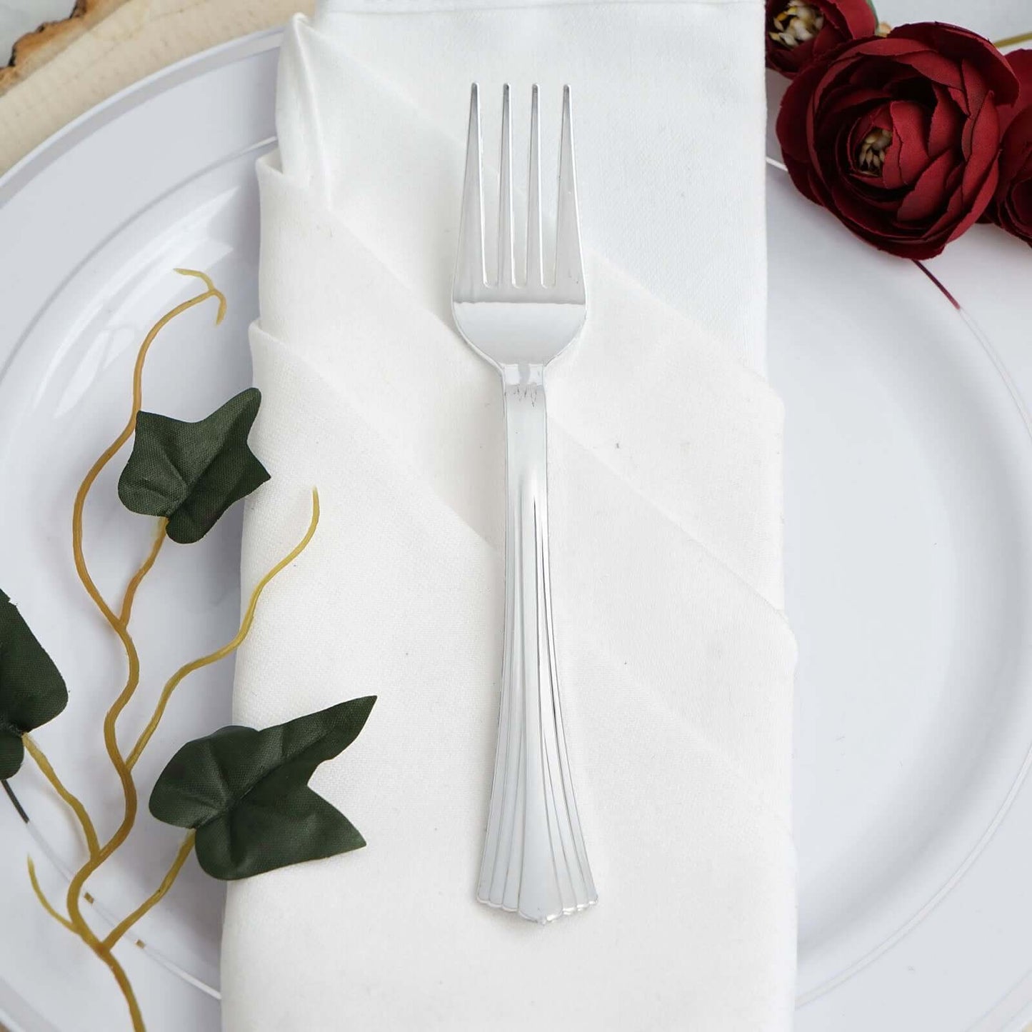 25-Pack Plastic Forks Silver Heavy Duty with Fluted Handles - Durable Disposable Tableware 7"