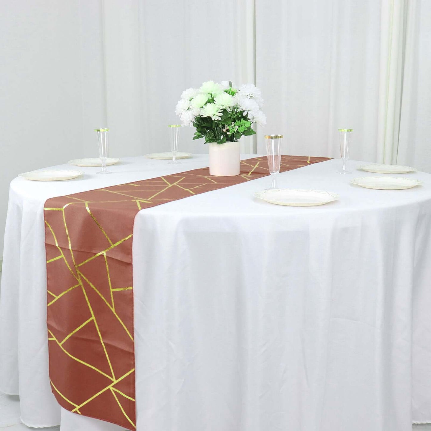 Polyester 9ft Table Runner Terracotta (Rust) with Gold Foil Modern Geometric Accent