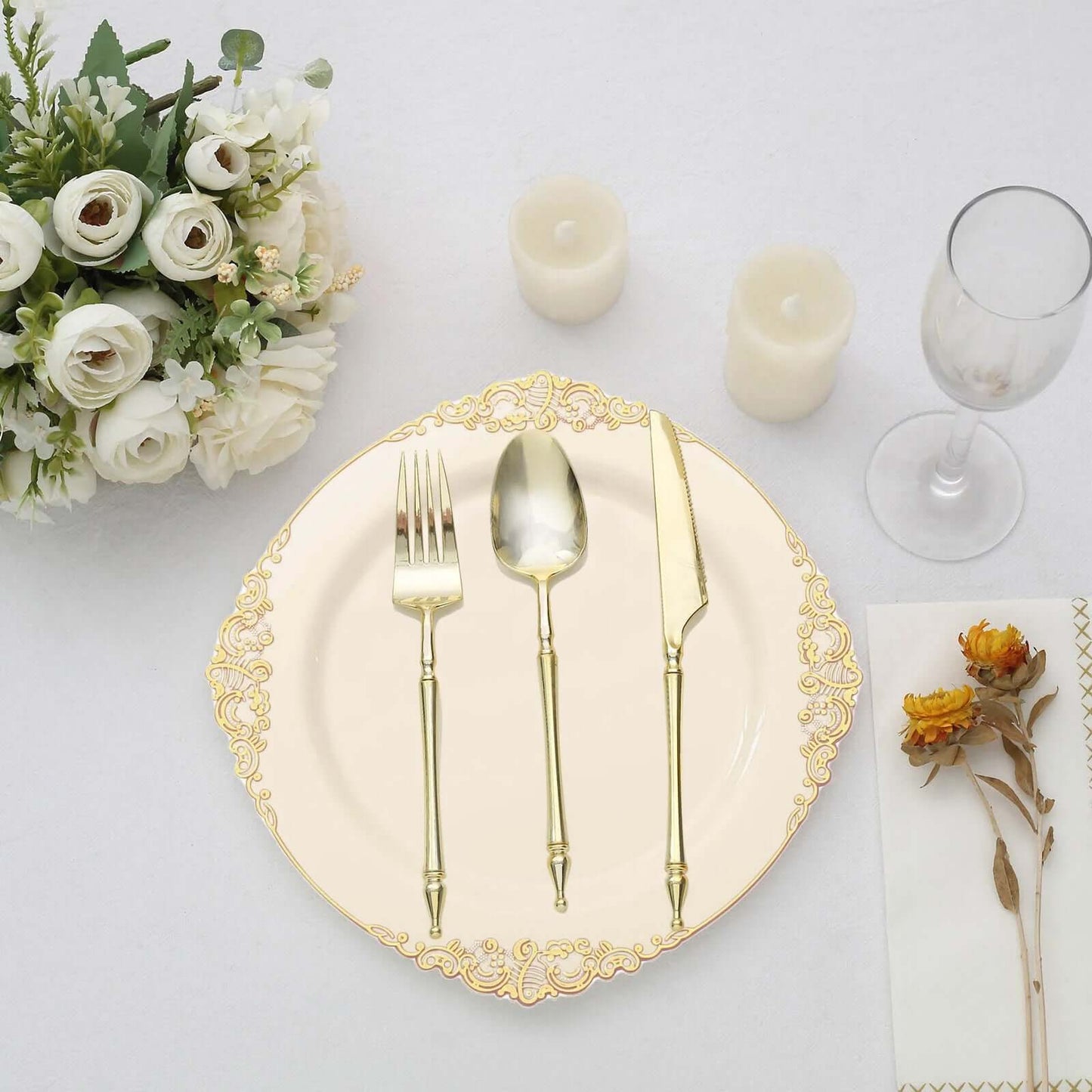10-Pack Plastic 10" Round Dinner Plates in Ivory with Gold Leaf Embossed Rim - Disposable Vintage Baroque Style Plates