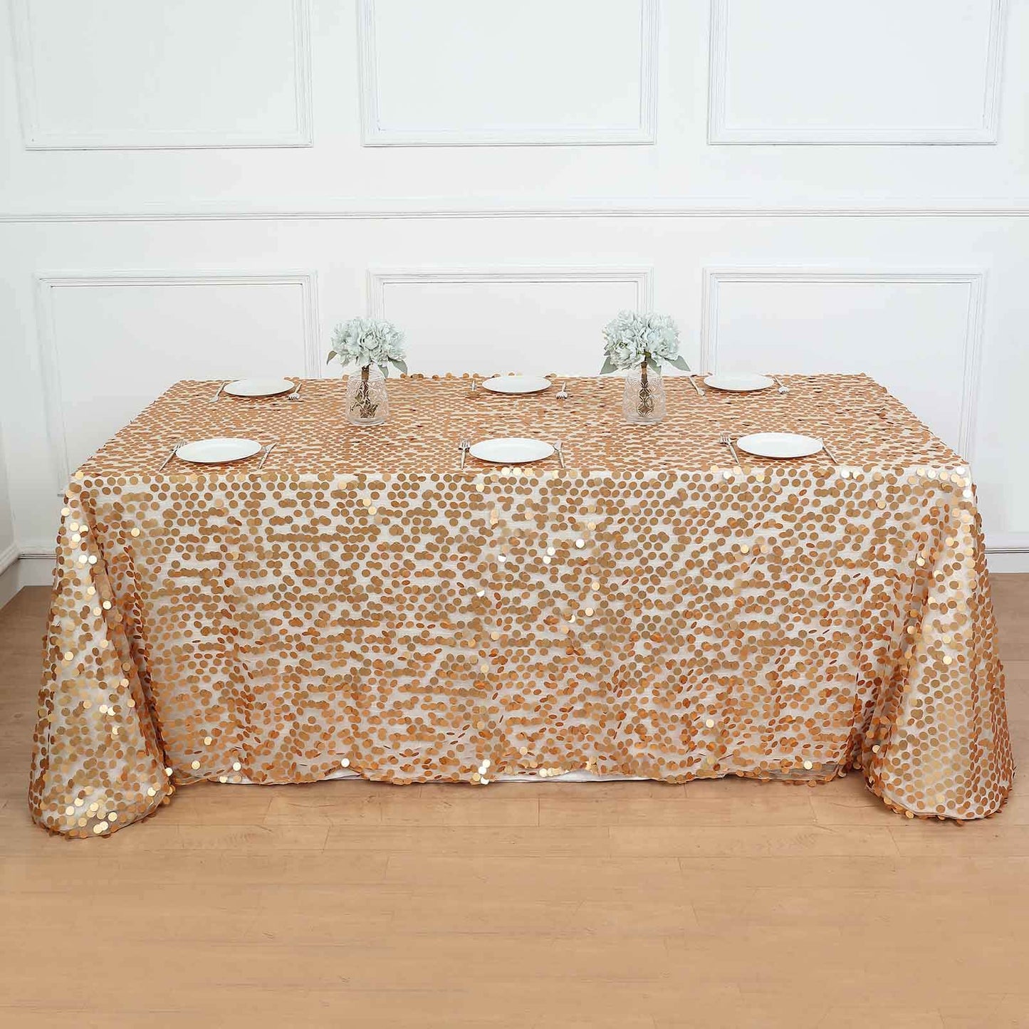 Sequin 90"x132" Rectangle Tablecloth Matte Champagne - Seamless Big Payette Table Cover