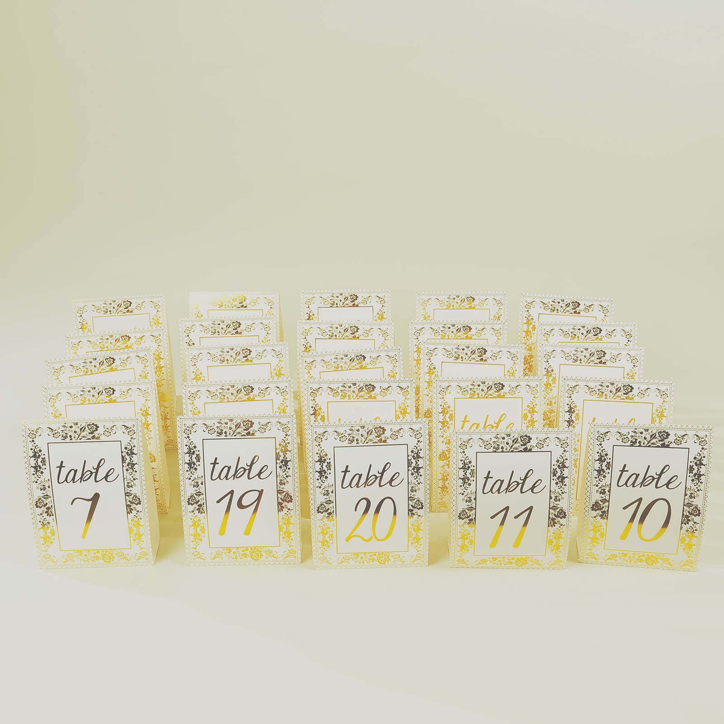 25-Pack Paper Wedding Table Numbers 1-25 White/Metallic Gold French Toile Design with Glam Gold Foil Numbers 7"