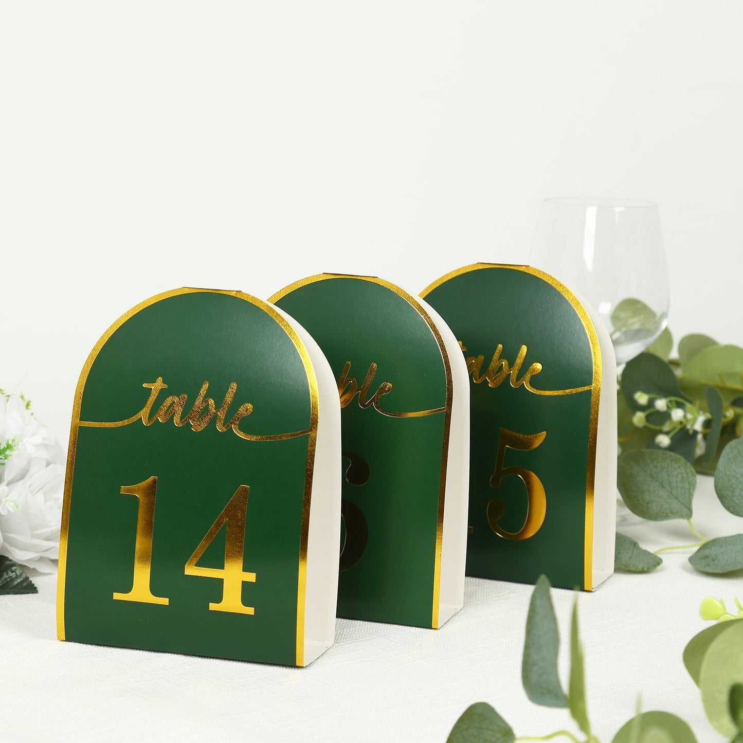 25-Pack 7" Disposable Table Numbers, Hunter Emerald Green Free Standing Double Sided Table Number Place Cards with Metallic Gold Foil Numbers 1-25