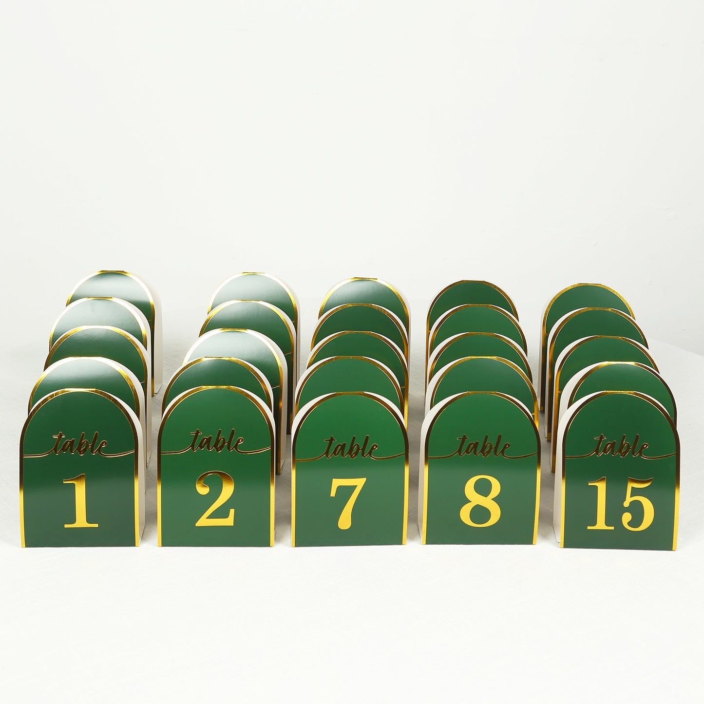 25-Pack 7" Disposable Table Numbers, Hunter Emerald Green Free Standing Double Sided Table Number Place Cards with Metallic Gold Foil Numbers 1-25