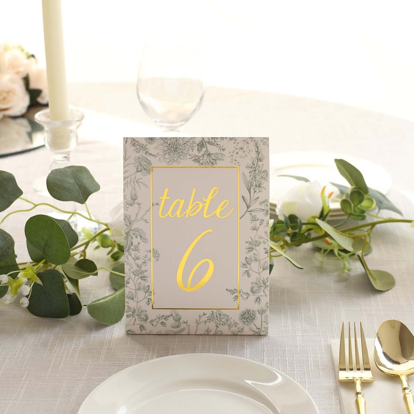 25-Pack Paper Wedding Table Numbers 1-25 White/Sage Green French Toile Design - Free Standing Double Sided Table Signs with Glam Gold Foil Numbers 7"