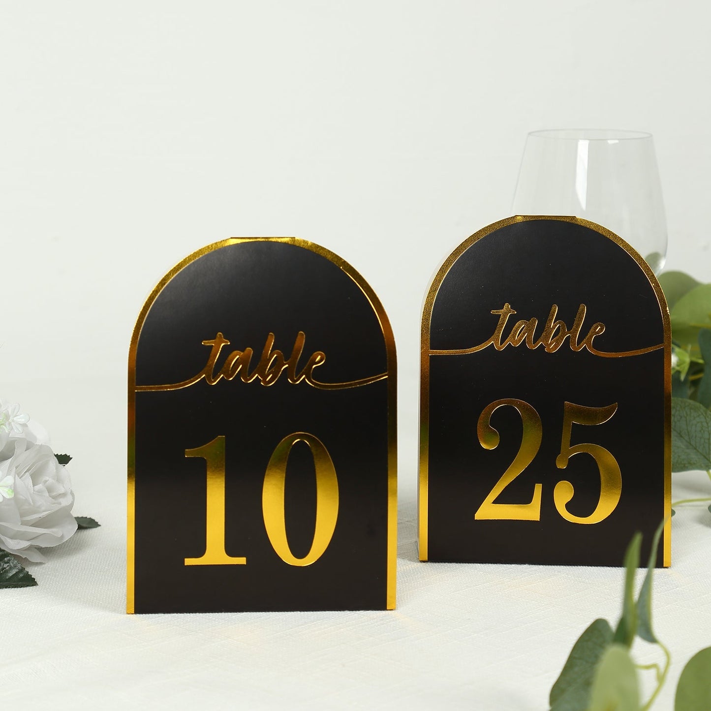 25-Pack 7" Disposable Table Numbers, Black Free Standing Double Sided Table Number Place Cards with Metallic Gold Foil Numbers 1-25