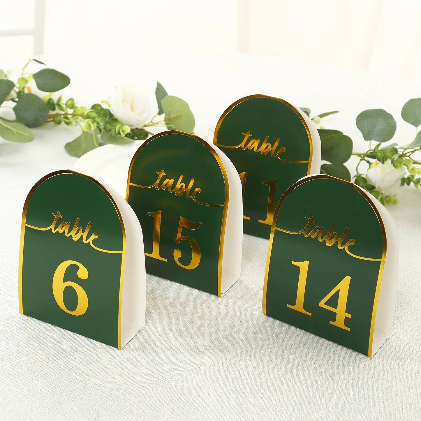 25-Pack 7" Disposable Table Numbers, Hunter Emerald Green Free Standing Double Sided Table Number Place Cards with Metallic Gold Foil Numbers 1-25