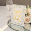 25-Pack Paper Wedding Table Numbers 1-25 White/Sage Green French Toile Design - Free Standing Double Sided Table Signs with Glam Gold Foil Numbers 7"