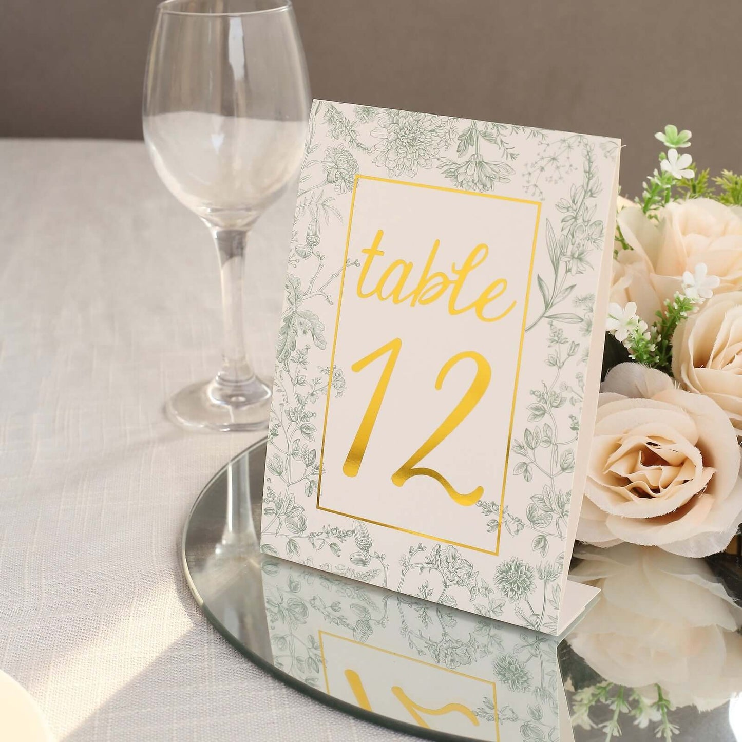 25-Pack Paper Wedding Table Numbers 1-25 White/Sage Green French Toile Design - Free Standing Double Sided Table Signs with Glam Gold Foil Numbers 7"