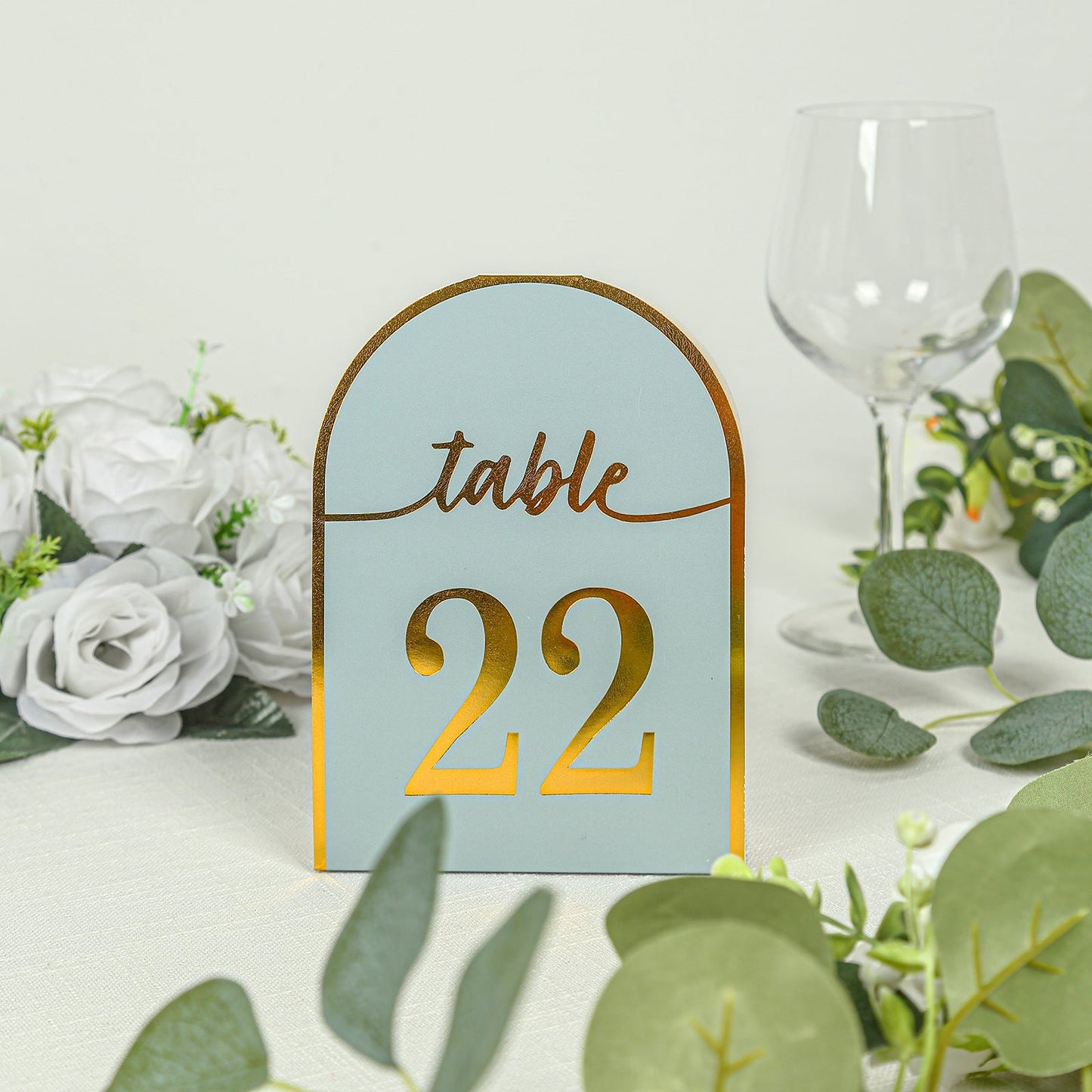 25-Pack 7" Disposable Table Numbers, Dusty Blue Free Standing Double Sided Table Number Place Cards with Metallic Gold Foil Numbers 1-25