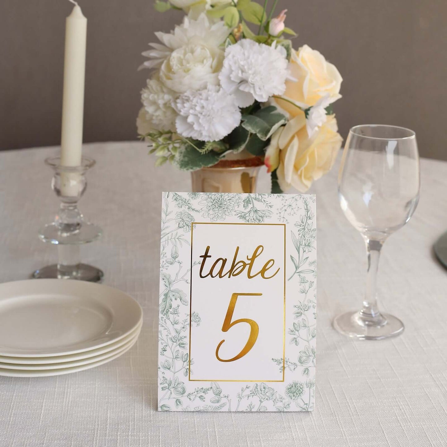 25-Pack Paper Wedding Table Numbers 1-25 White/Sage Green French Toile Design - Free Standing Double Sided Table Signs with Glam Gold Foil Numbers 7"