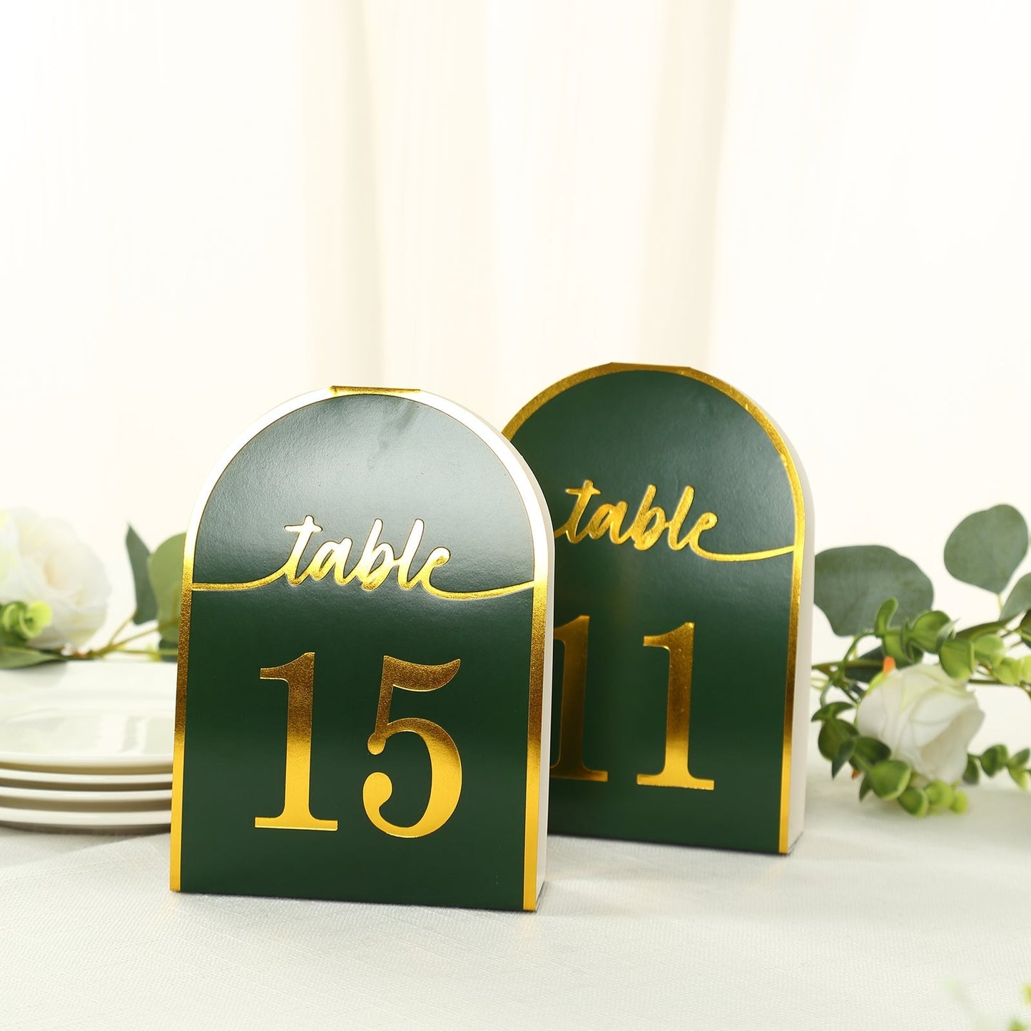 25-Pack 7" Disposable Table Numbers, Hunter Emerald Green Free Standing Double Sided Table Number Place Cards with Metallic Gold Foil Numbers 1-25