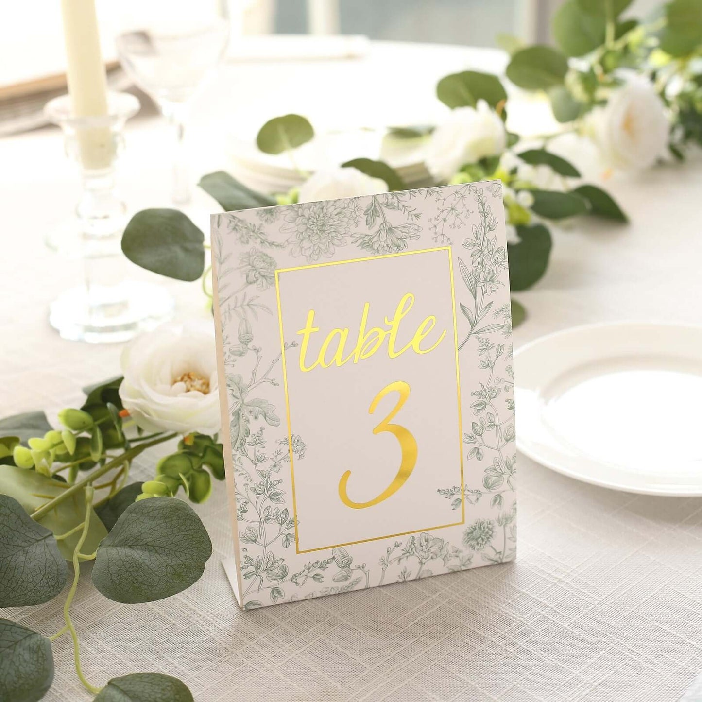 25-Pack Paper Wedding Table Numbers 1-25 White/Sage Green French Toile Design - Free Standing Double Sided Table Signs with Glam Gold Foil Numbers 7"