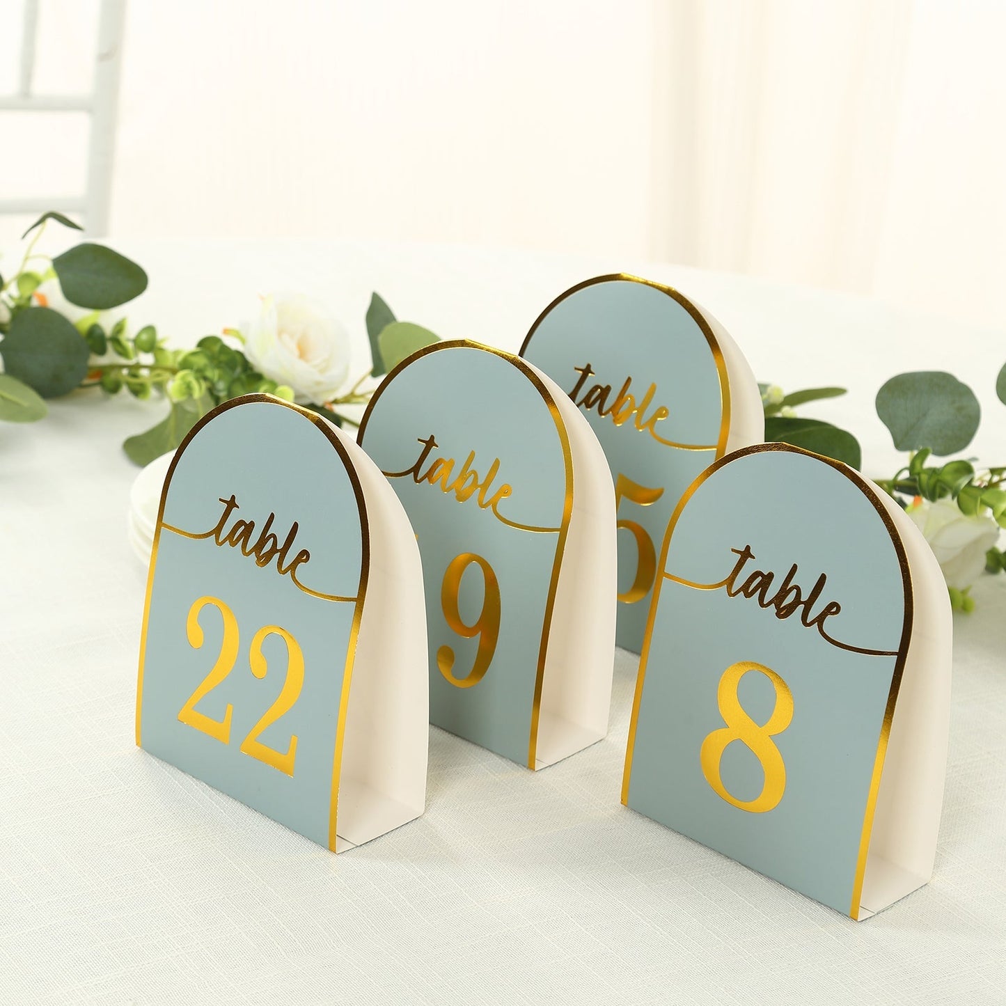 25-Pack 7" Disposable Table Numbers, Dusty Blue Free Standing Double Sided Table Number Place Cards with Metallic Gold Foil Numbers 1-25
