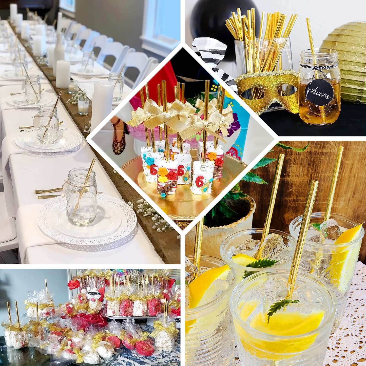 50-Pack Paper Drinking Straws Metallic Gold Foil Food Grade - Disposable Biodegradable Straws for Events 8"