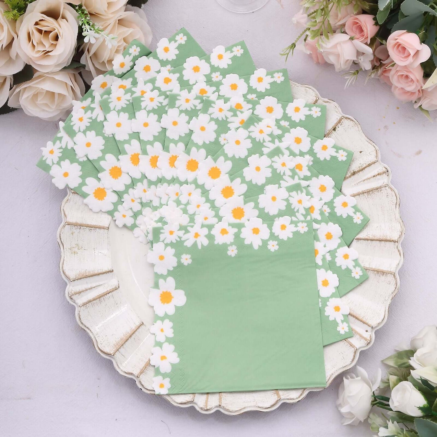20-Pack Paper Beverage Napkins with Daisy Flower Design Sage Green - 2 Ply Soft 18GSM Floral Wedding Napkins 6.5"x6.5"