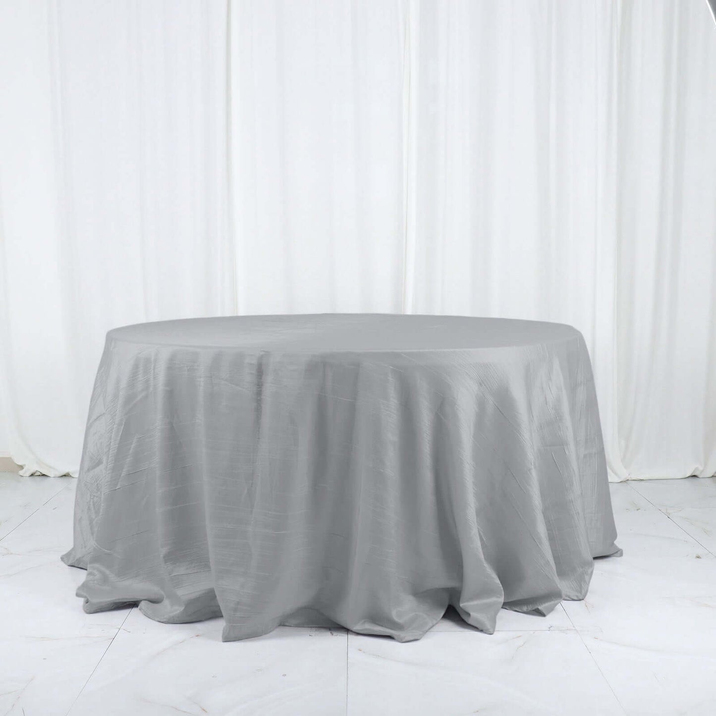 Taffeta 132" Round Tablecloth Silver - Seamless Accordion Crinkle Table Cover
