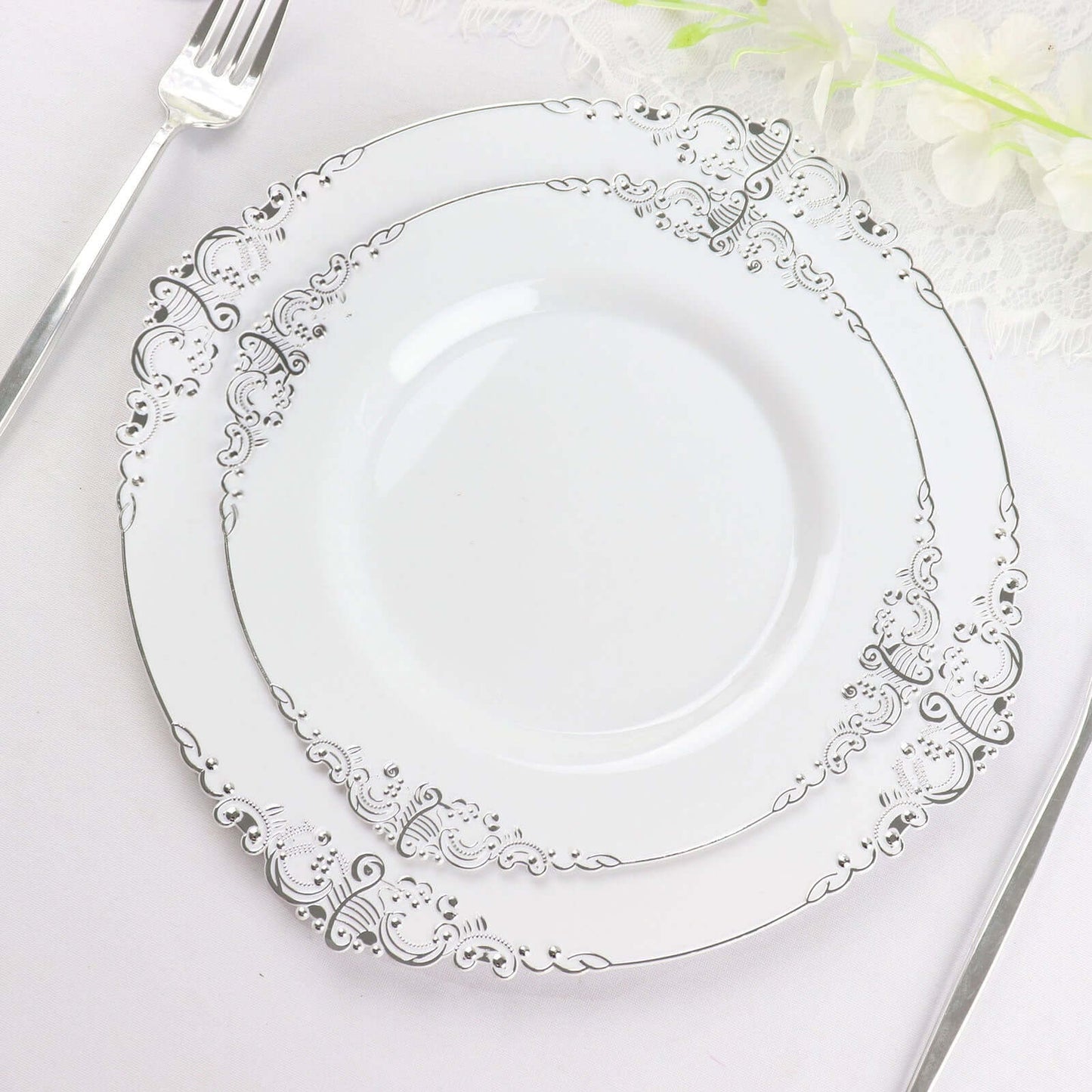 10-Pack Plastic 8" Round Dessert Plates in White with Silver Leaf Embossed Rim - Disposable Vintage Baroque Style Salad Plates