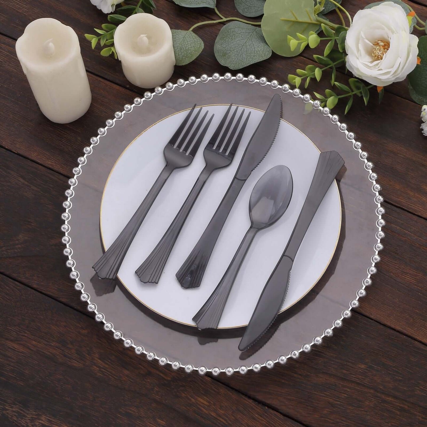 24-Pack Plastic Silverware Set with Fan Flared Tip Handle Transparent Black - Heavy Duty Disposable Utensils 7"