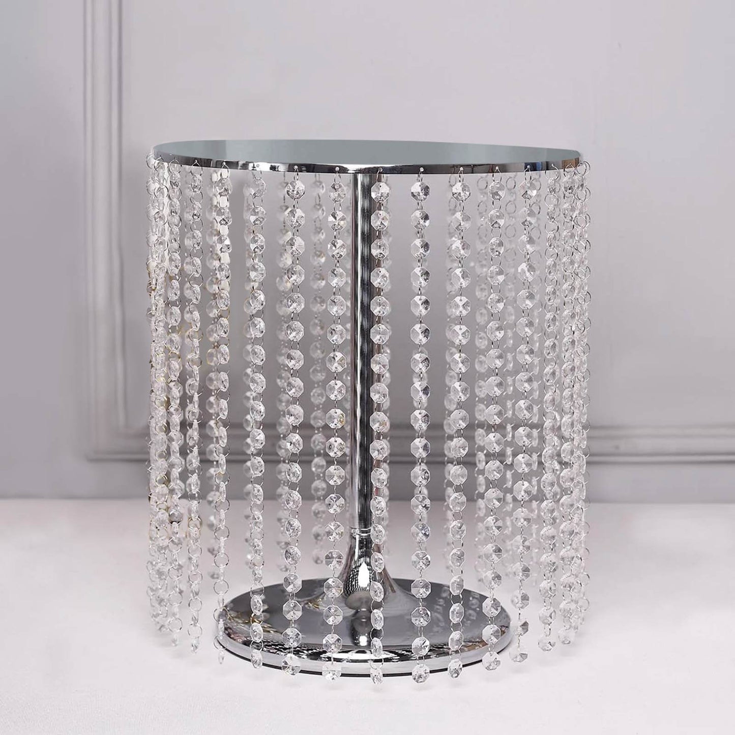 Metal Cake Stand Round Design Metallic Silver with Crystal Chains 14" Dia - Cupcake Dessert Pedestal 16"Tall