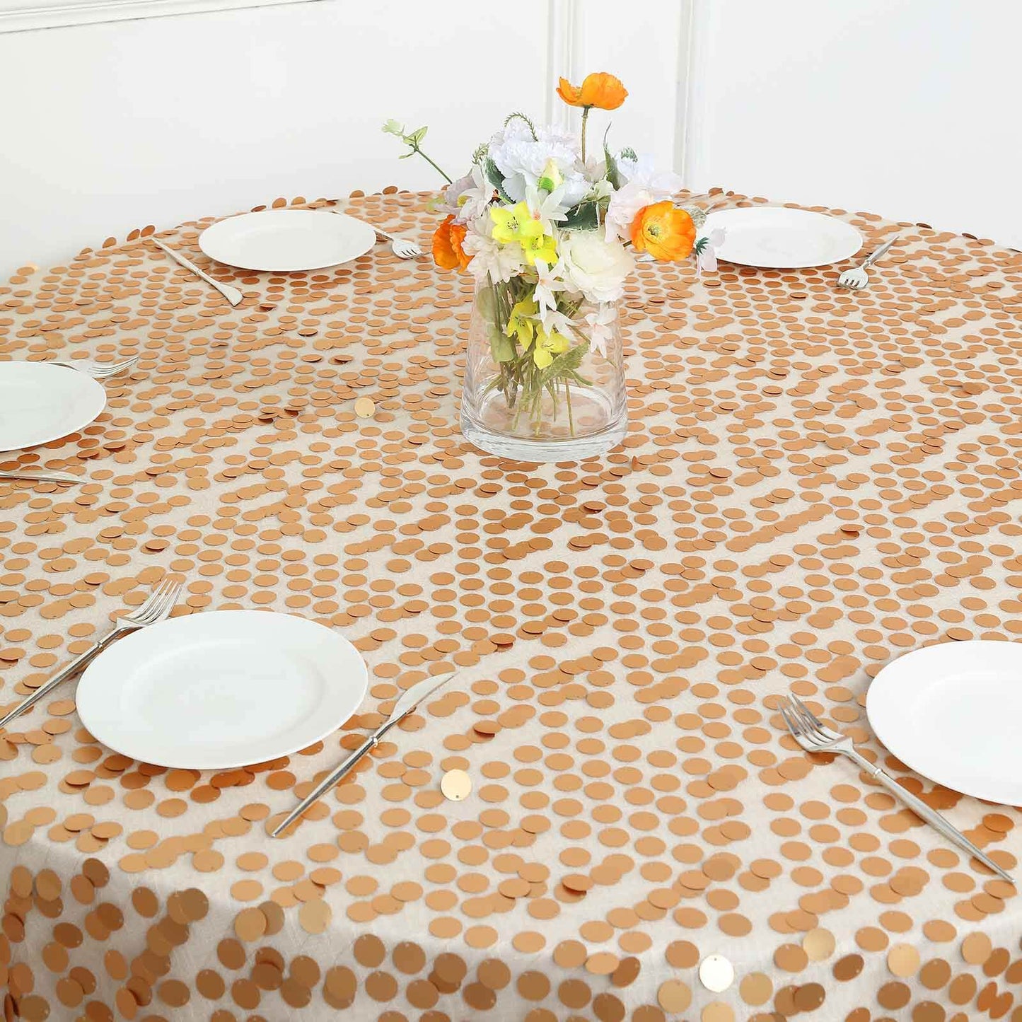 Sequin 120" Round Tablecloth Matte Champagne - Seamless Big Payette Table Cover
