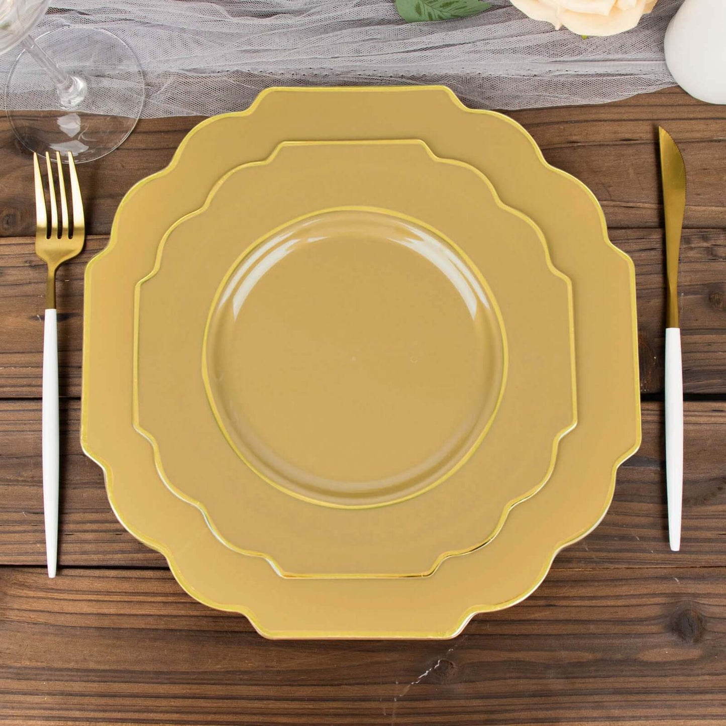 10-Pack Plastic Dessert Appetizer Plates in Gold Baroque Design with Scalloped Gold Rim - Heavy Duty Disposable Salad Plates 8"