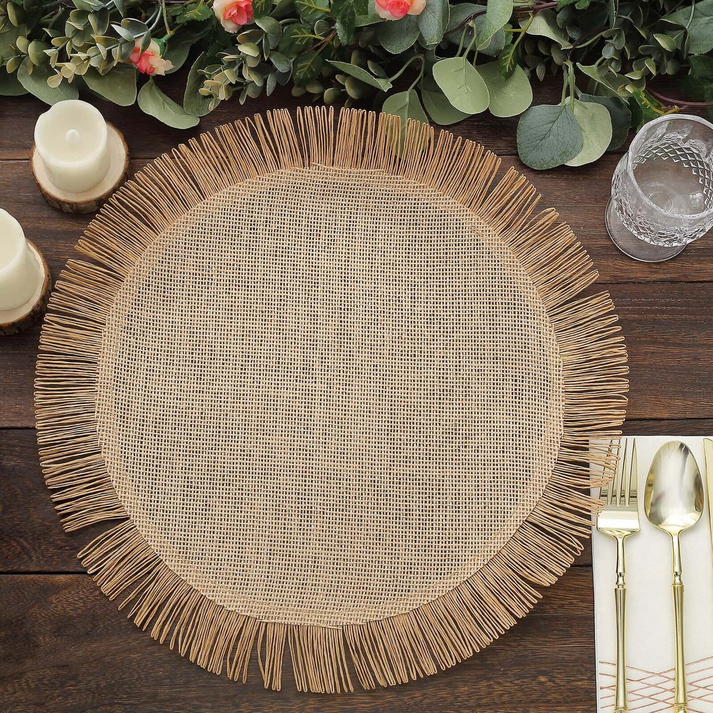 4-Pack Placemats Fringe Edge Design Natural Jute Round - Rustic Boho Chic Burlap Table Decor 16"