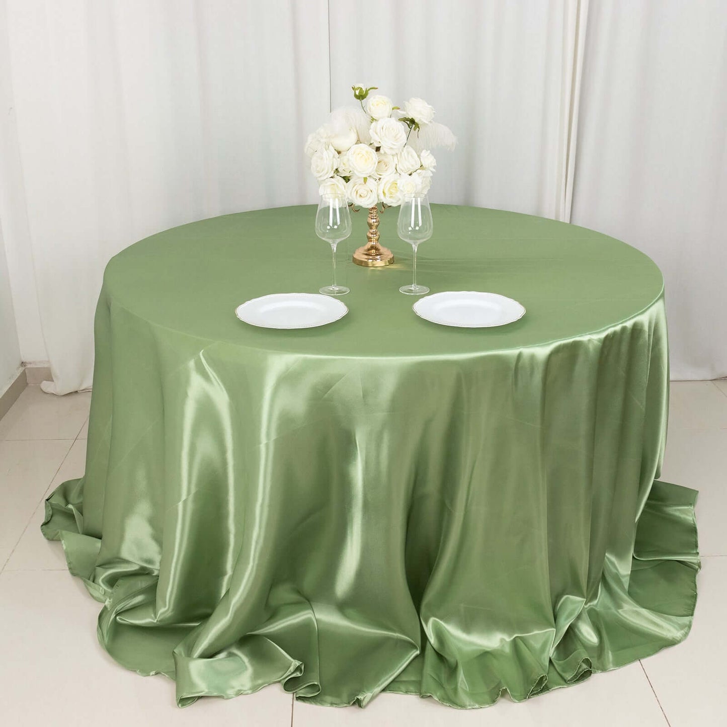 Satin 132" Round Tablecloth Sage Green - Stylish Seamless Table Cover