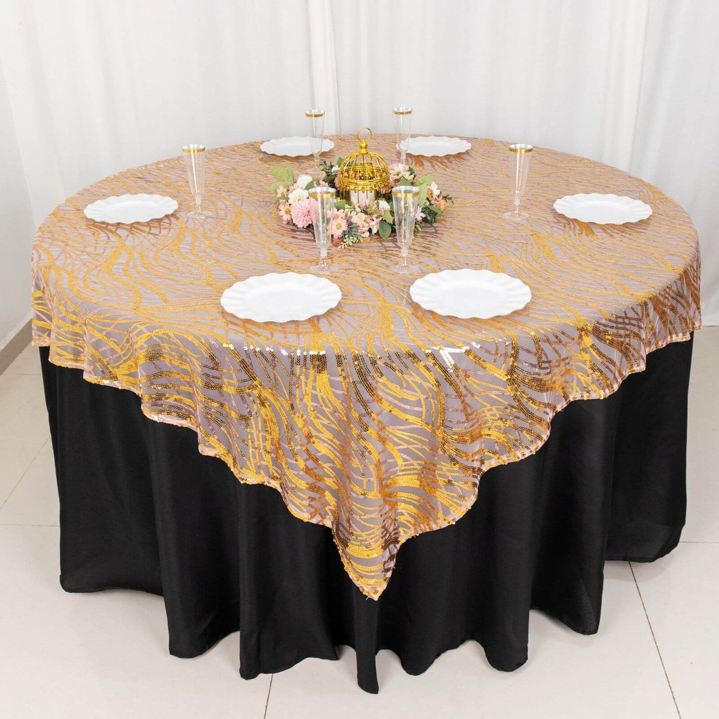 Mesh 72"x72" Table Overlay Square Tablecloth Rose Gold/Gold - Wave Embroidered Sequins Table Topper