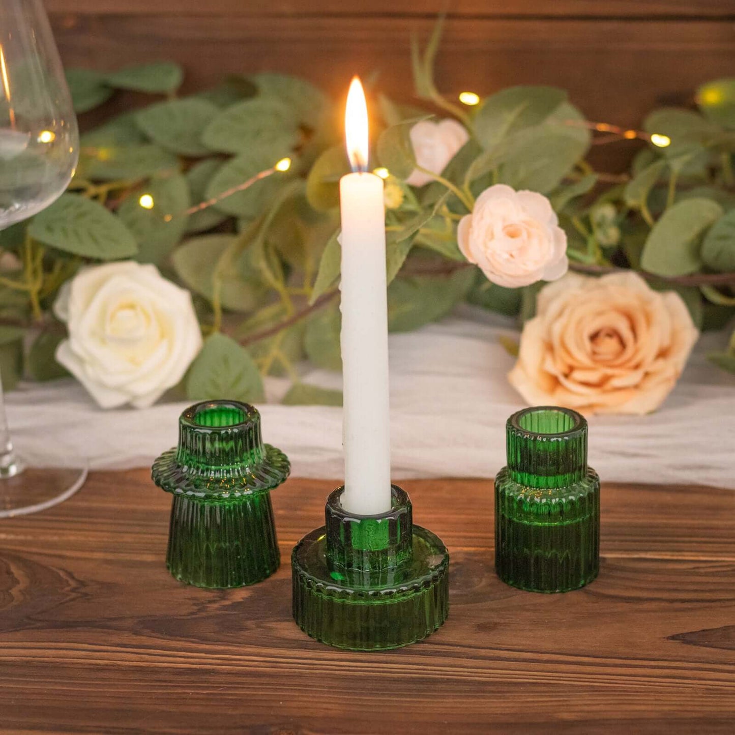 Set of 6 Glass Taper Candle Holders Ribbed Crystal Design Hunter Emerald Green - Reversible Mini Votive Tealight Stands 3"