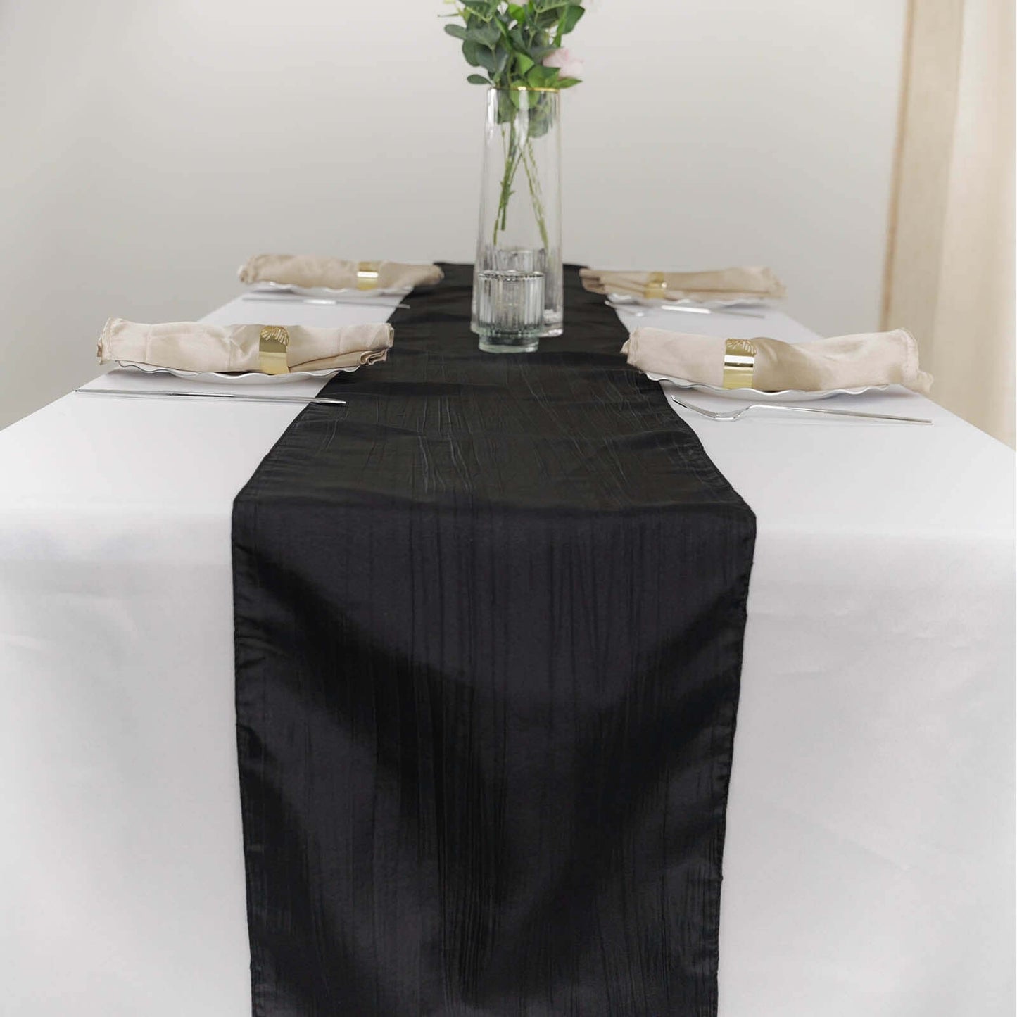 Taffeta 12"x108" Table Runner Black - Accordion Crinkle Design