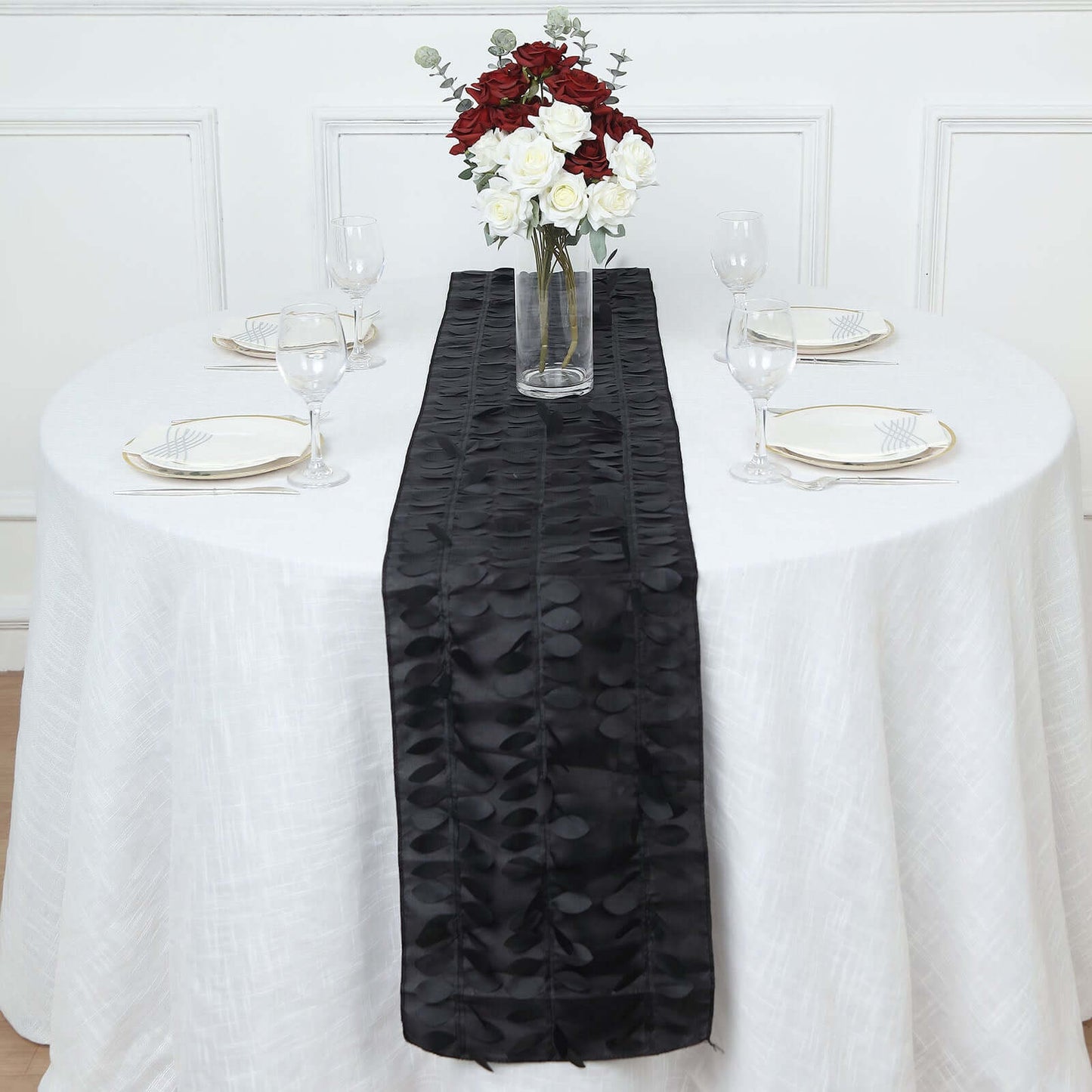 Taffeta Fabric 12"x108" Table Runner Black - 3D Leaf Petal Design