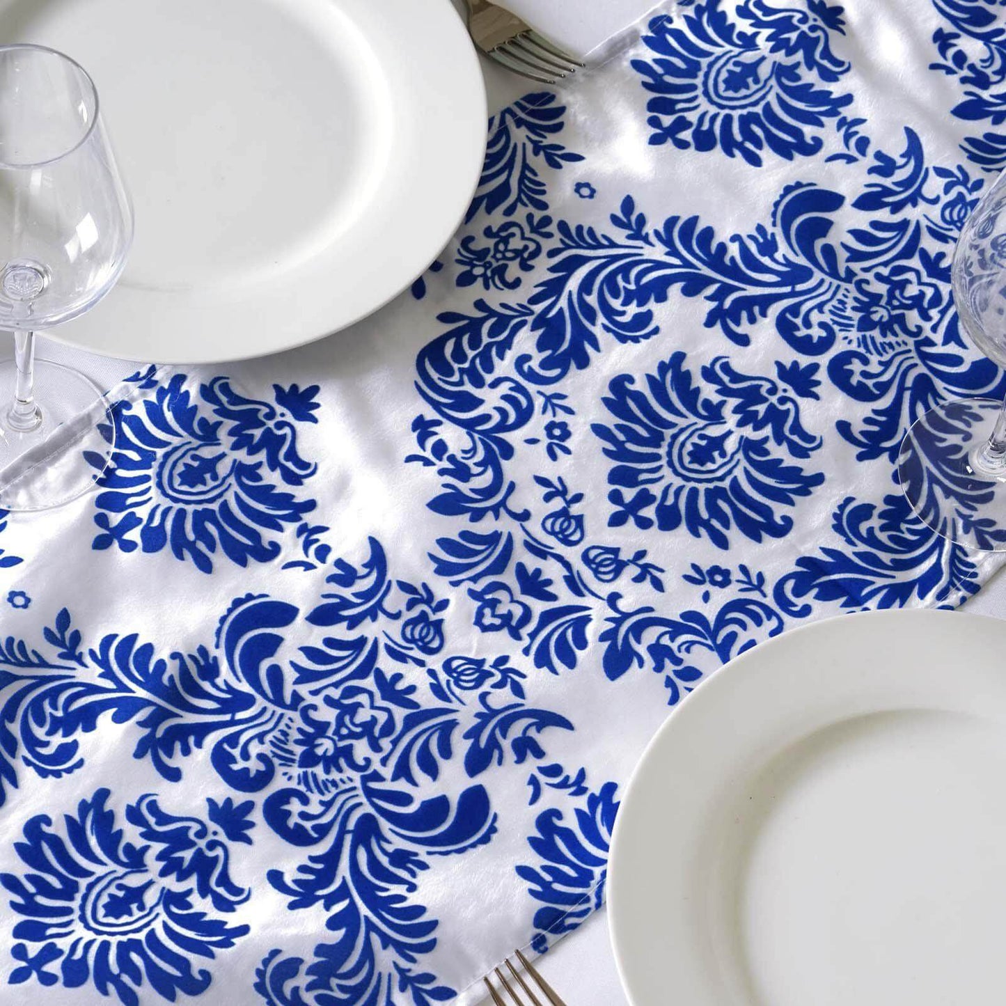 Taffeta Flocking 12"x108" Table Runner Royal Blue Damask - Stylish Table Accent