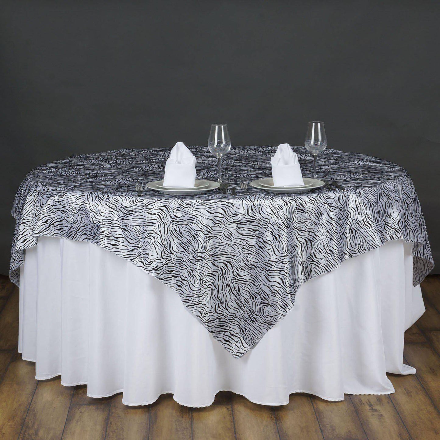 Taffeta 72"x72" Table Overlay Black and White -Tiger Print Design for Jungle Theme Parties