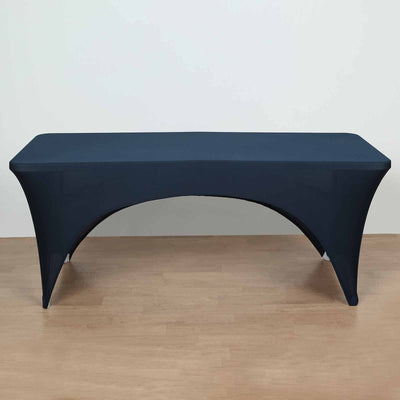 Stretch Spandex 96"x30" Rectangle Table Cover Navy Blue with Curved Open Back Design Tailored Professional Look