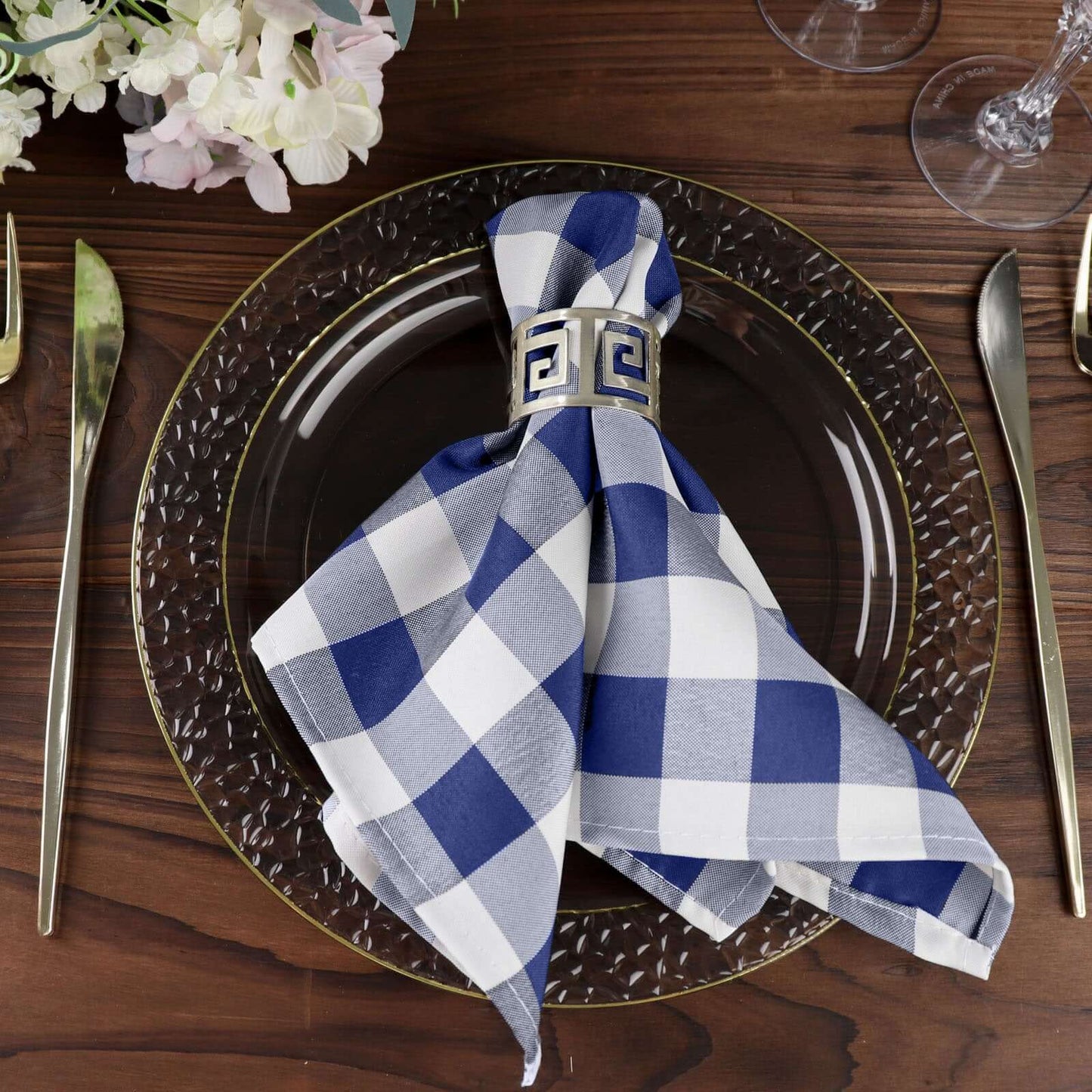 5 Pack Polyester 15"x15" Napkins Navy Blue/White Buffalo Plaid Gingham Style Cloth Napkins