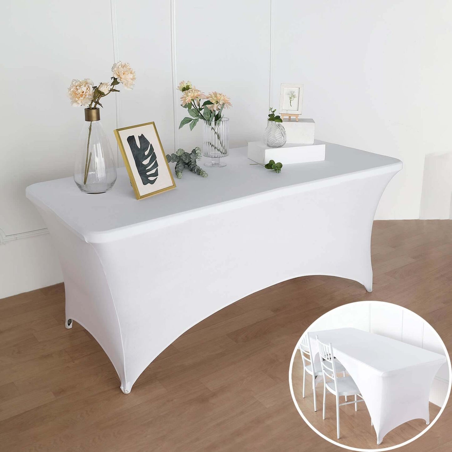 Stretch Spandex 72"x30" Rectangular Table Cover White with Curved Open Back Design Tailored Professional Look for Tradeshows, Events & Exhibitions