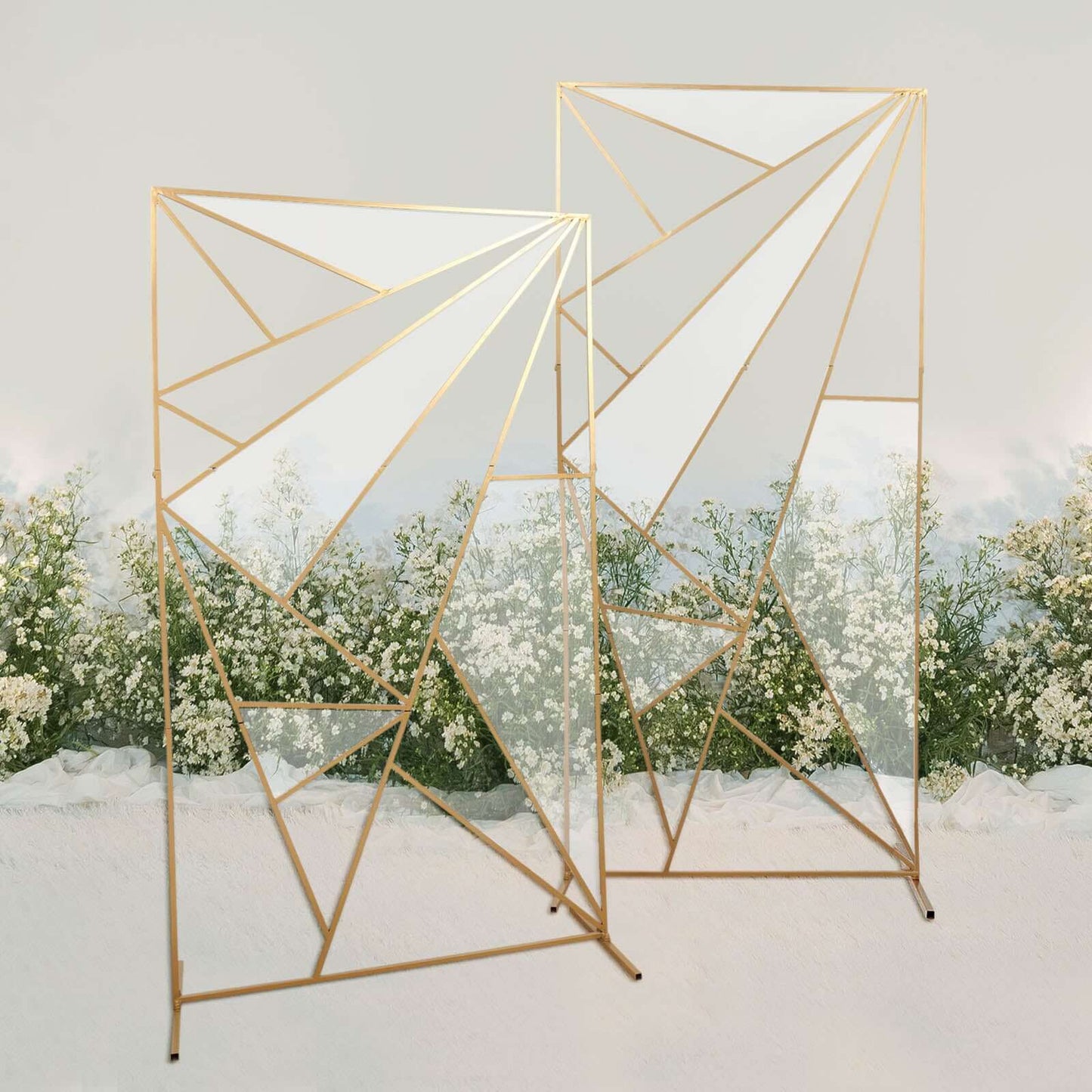 7ft Tall Gold Metal Rectangular Geometric Flower Frame Prop Stand, Wedding Backdrop Floor Stand With Cloudy Film Insert