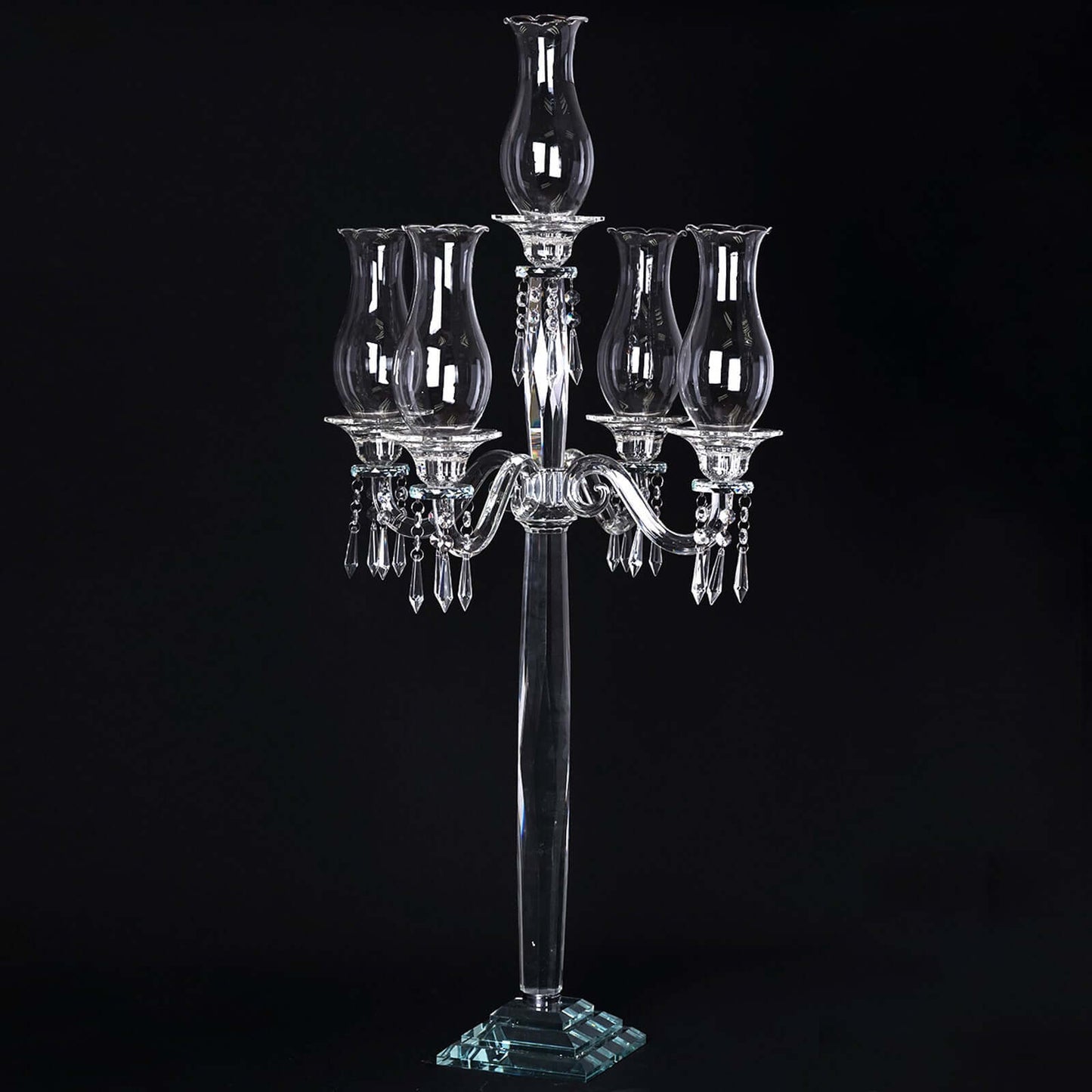 5 Arm Crystal Glass Taper Candle Holder Candelabra, Luxurious Table Centerpiece With Chandelier Chains 40"