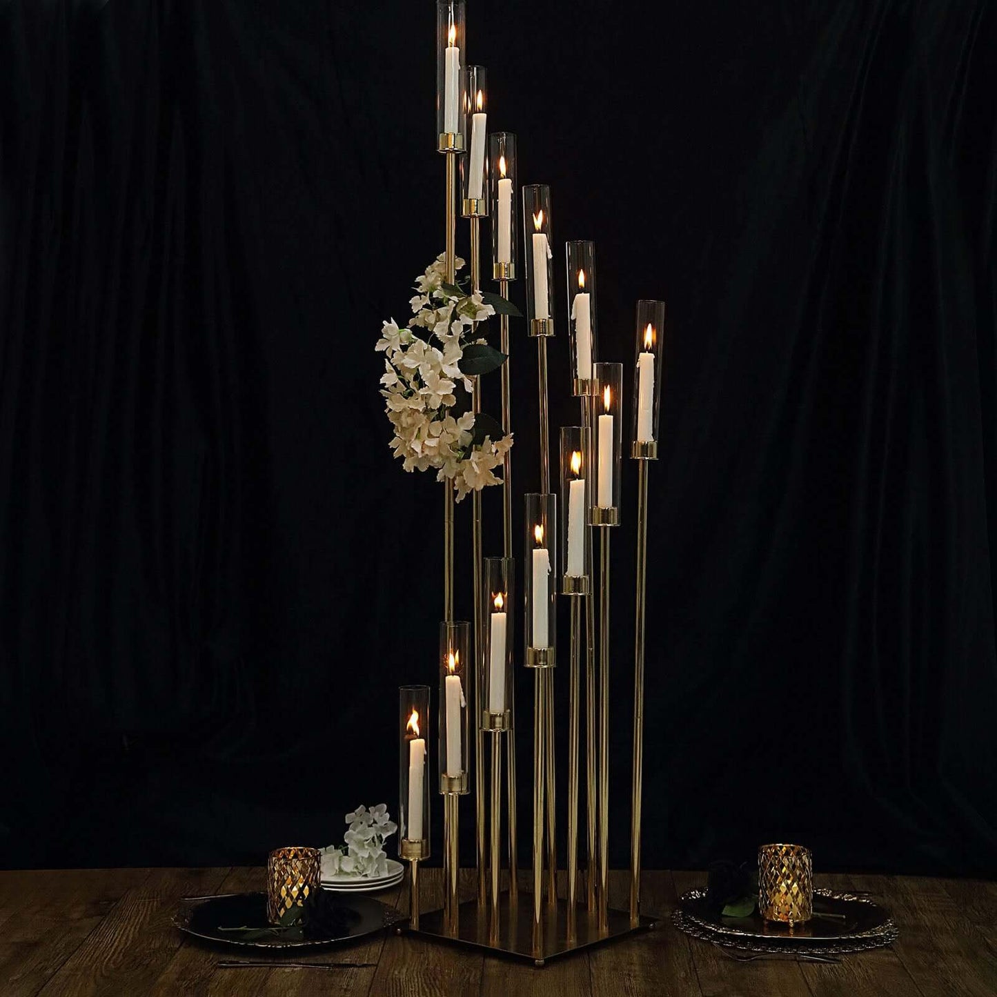 12-Arm Cluster Taper Candle Holder Gold with Clear Glass Shades - Grand Candle Arrangement for Events 57"