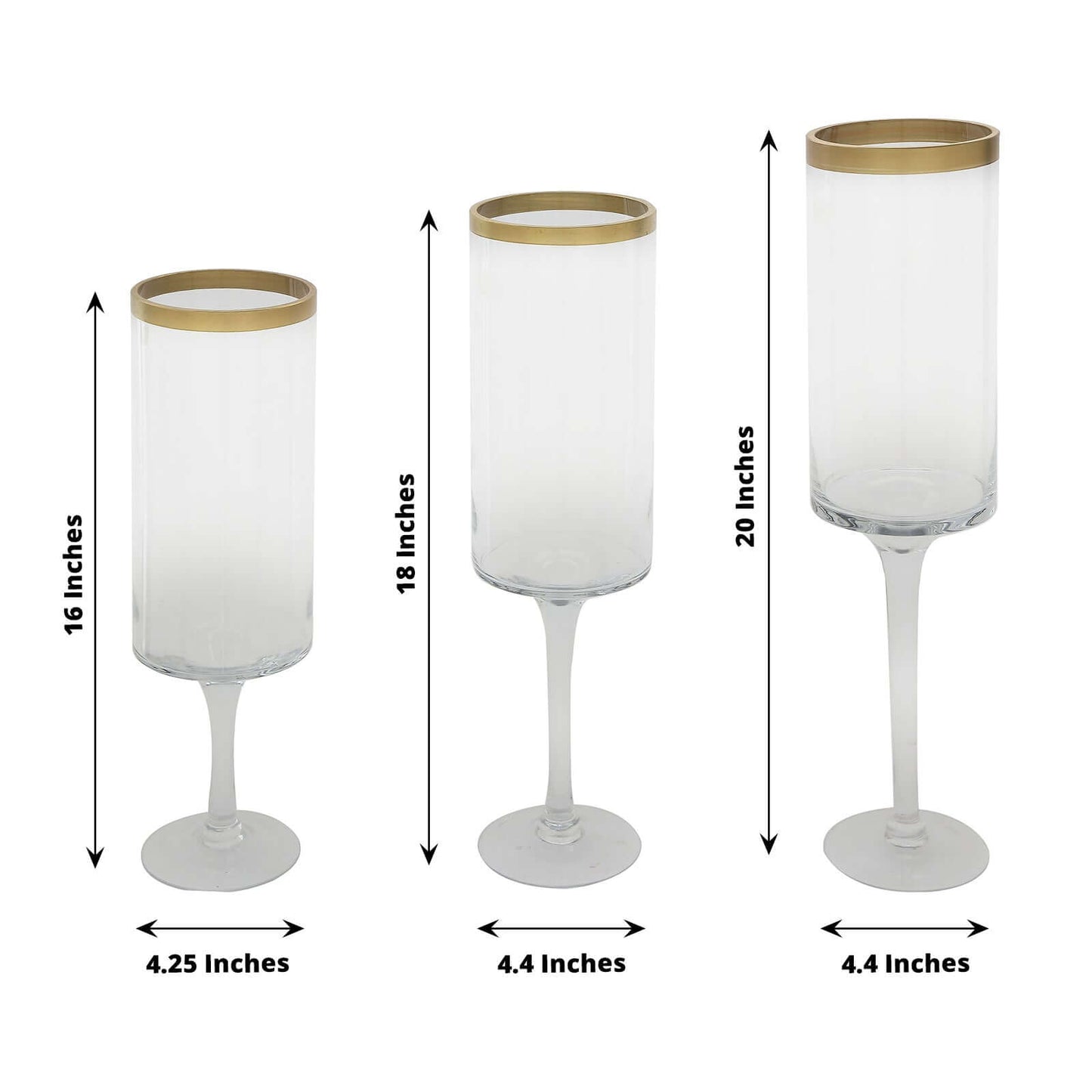 Set of 3 Glass Hurricane Candle Holders Long Stem Clear with Gold Rim - Decorative Pedestal Floral Centerpieces 16", 18", 20"