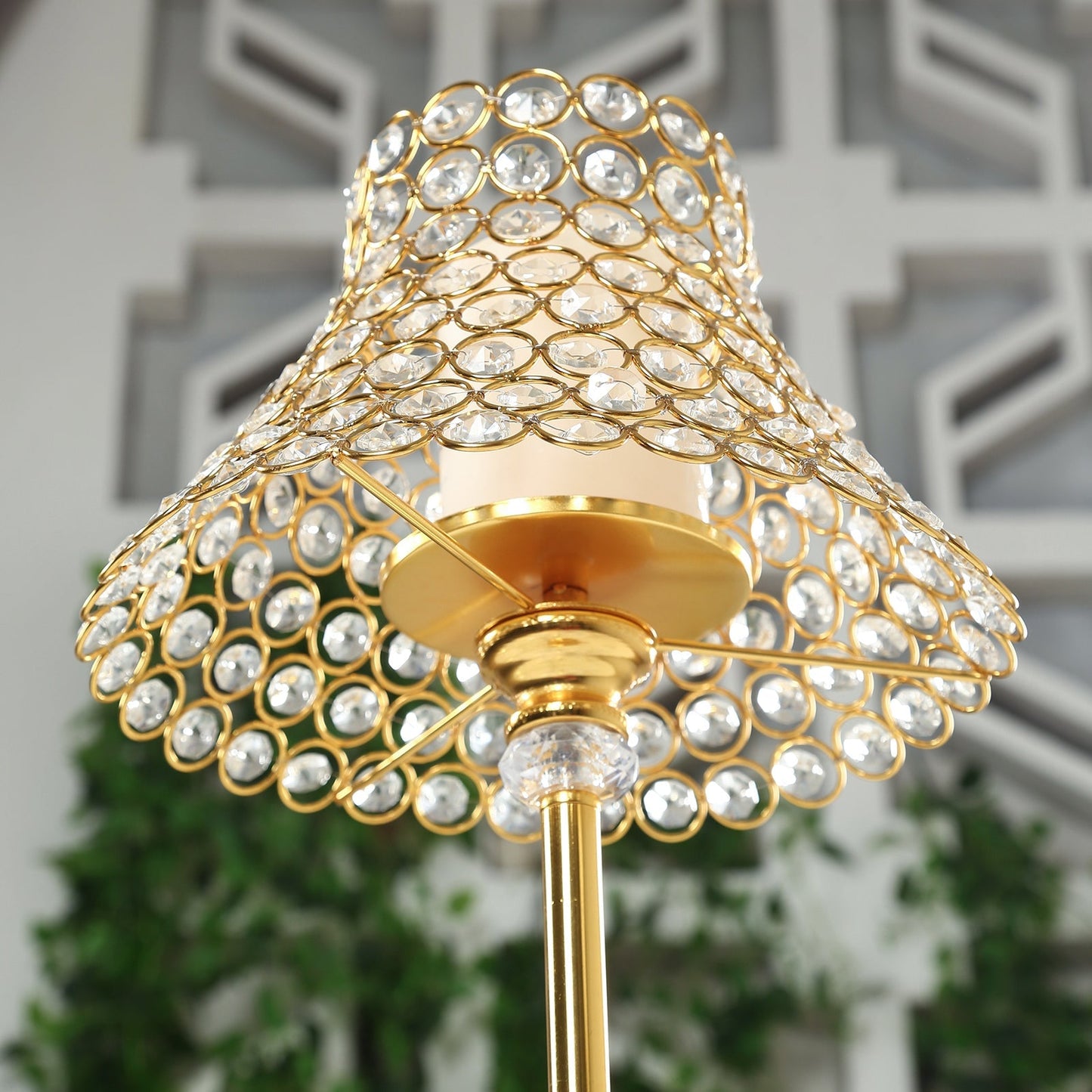 24" Tall Crystal Beaded Candle Stand â€“ Gold Metal Centerpiece with Lamp-Inspired Shade for Tables & Events